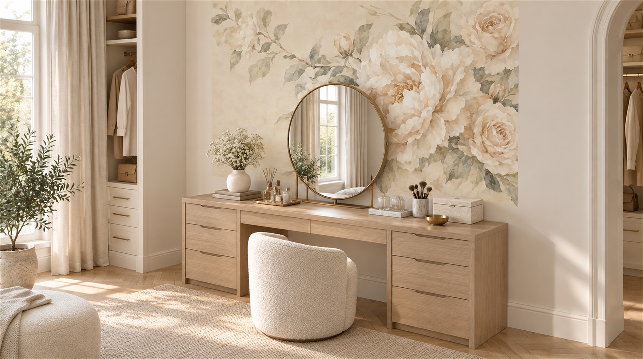 Ivory Peony Flowers Wallpaper Mural Scene