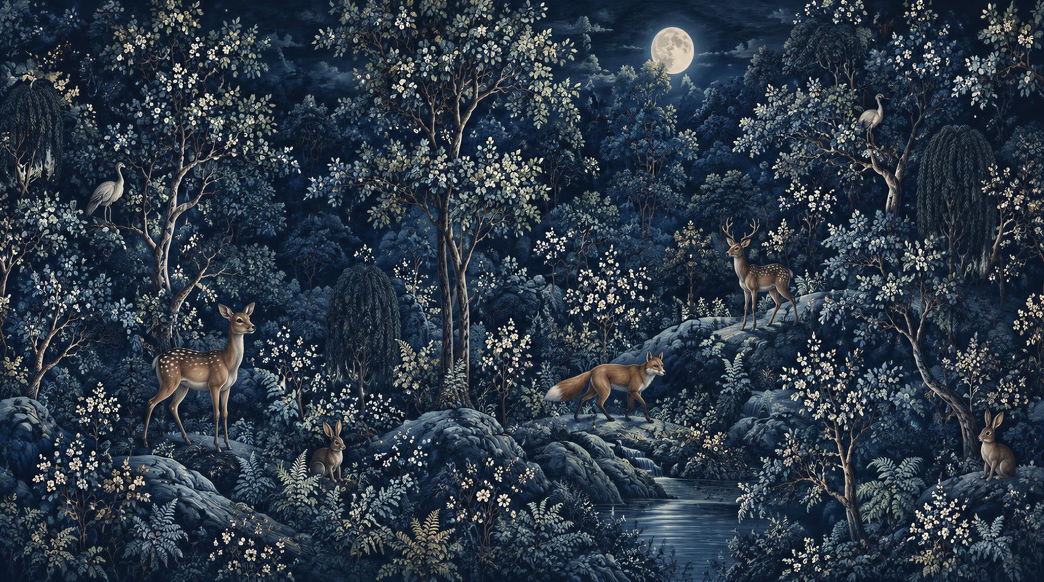Navy Layered Foliage Wallpaper Mural Scene