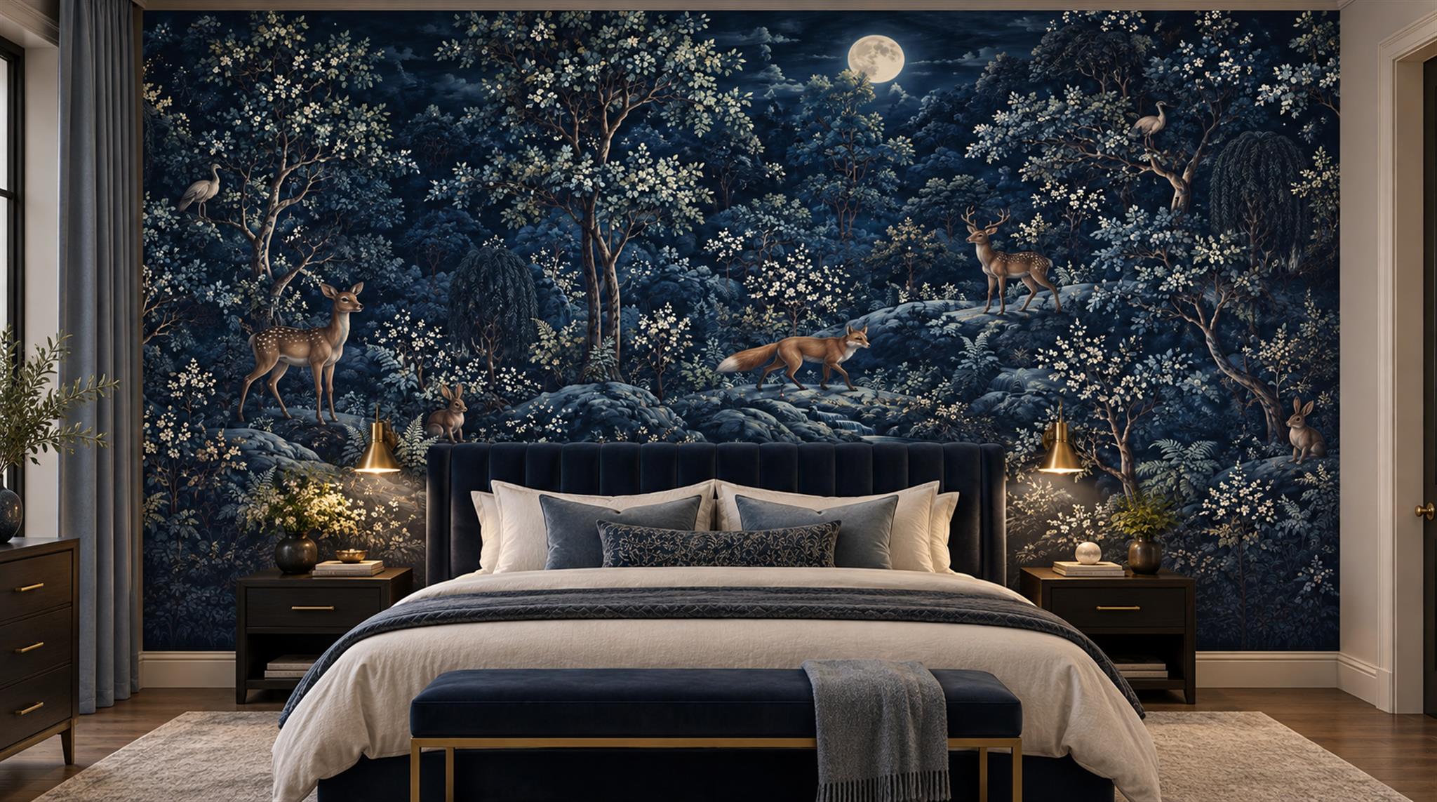 Navy Layered Foliage Wallpaper Mural Main