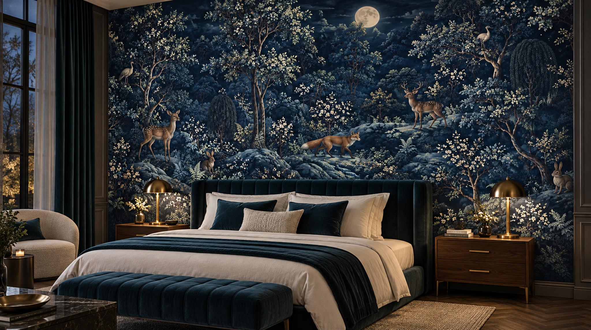 Navy Layered Foliage Wallpaper Mural Scene