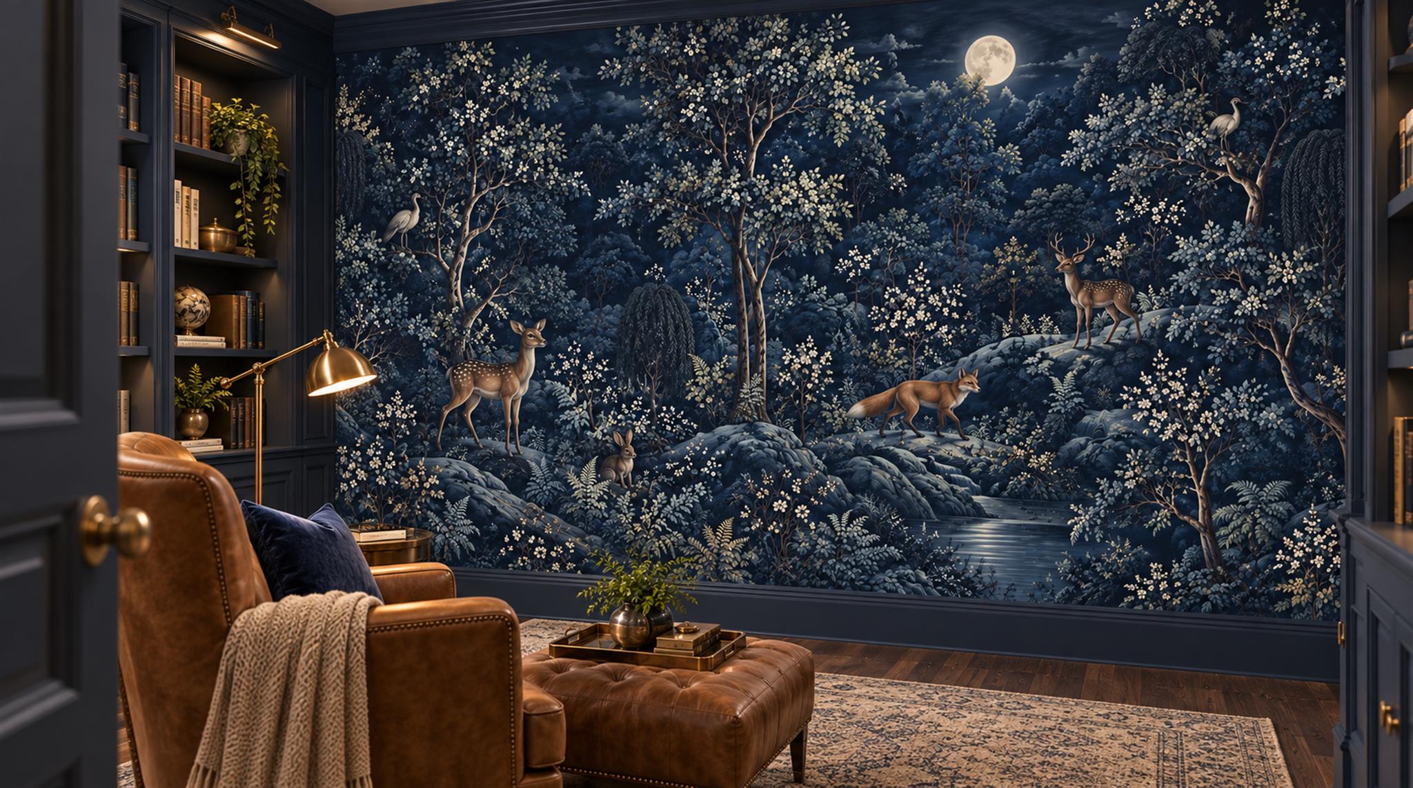 Navy Layered Foliage Wallpaper Mural Scene