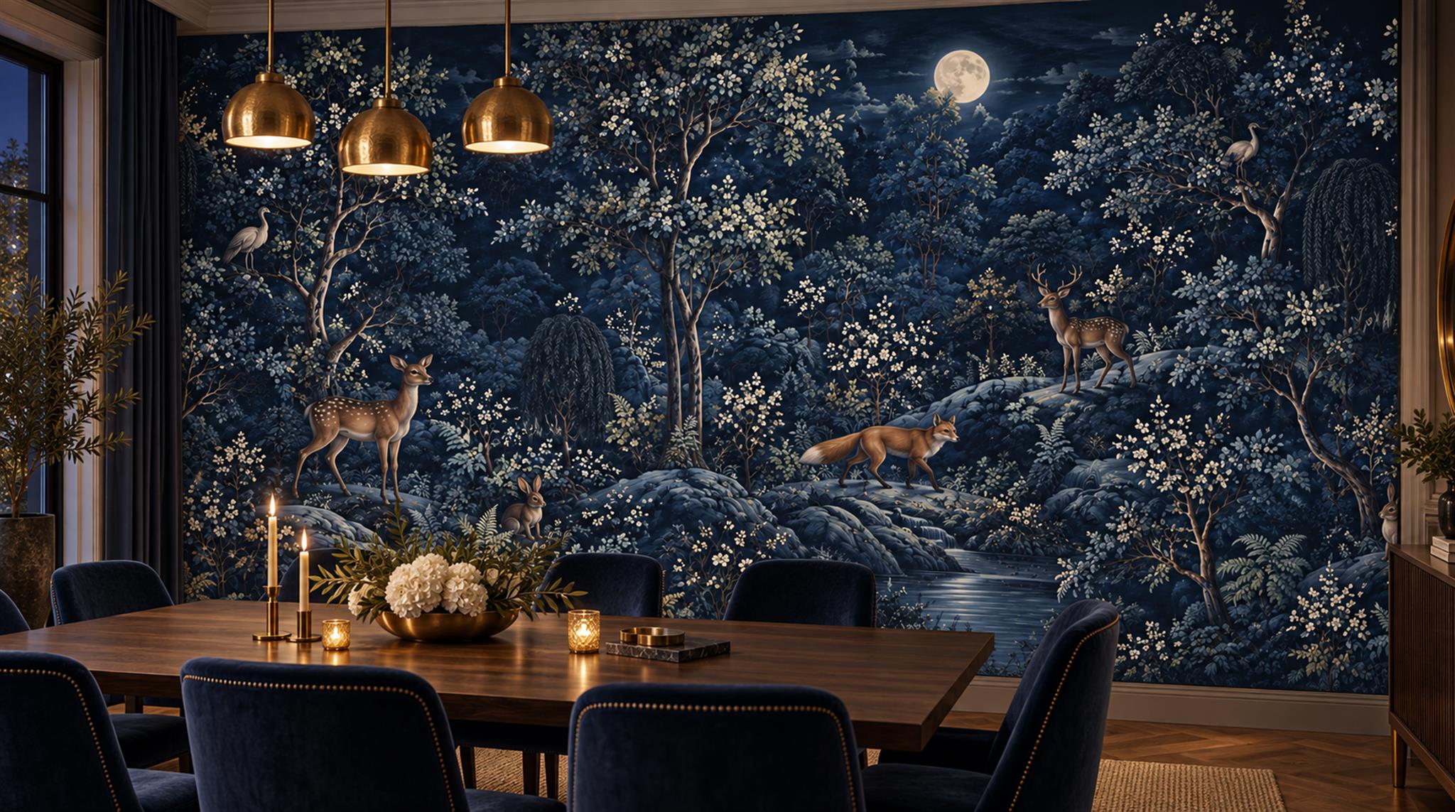 Navy Layered Foliage Wallpaper Mural Scene