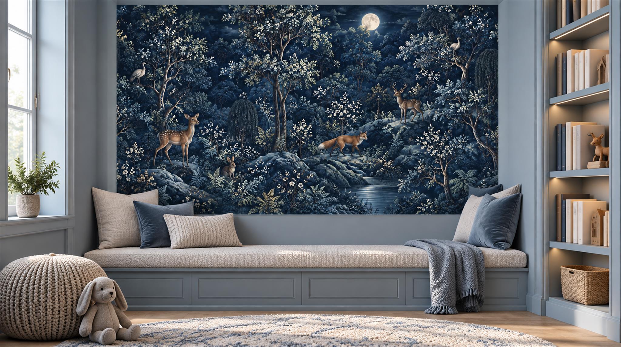 Navy Layered Foliage Wallpaper Mural Scene