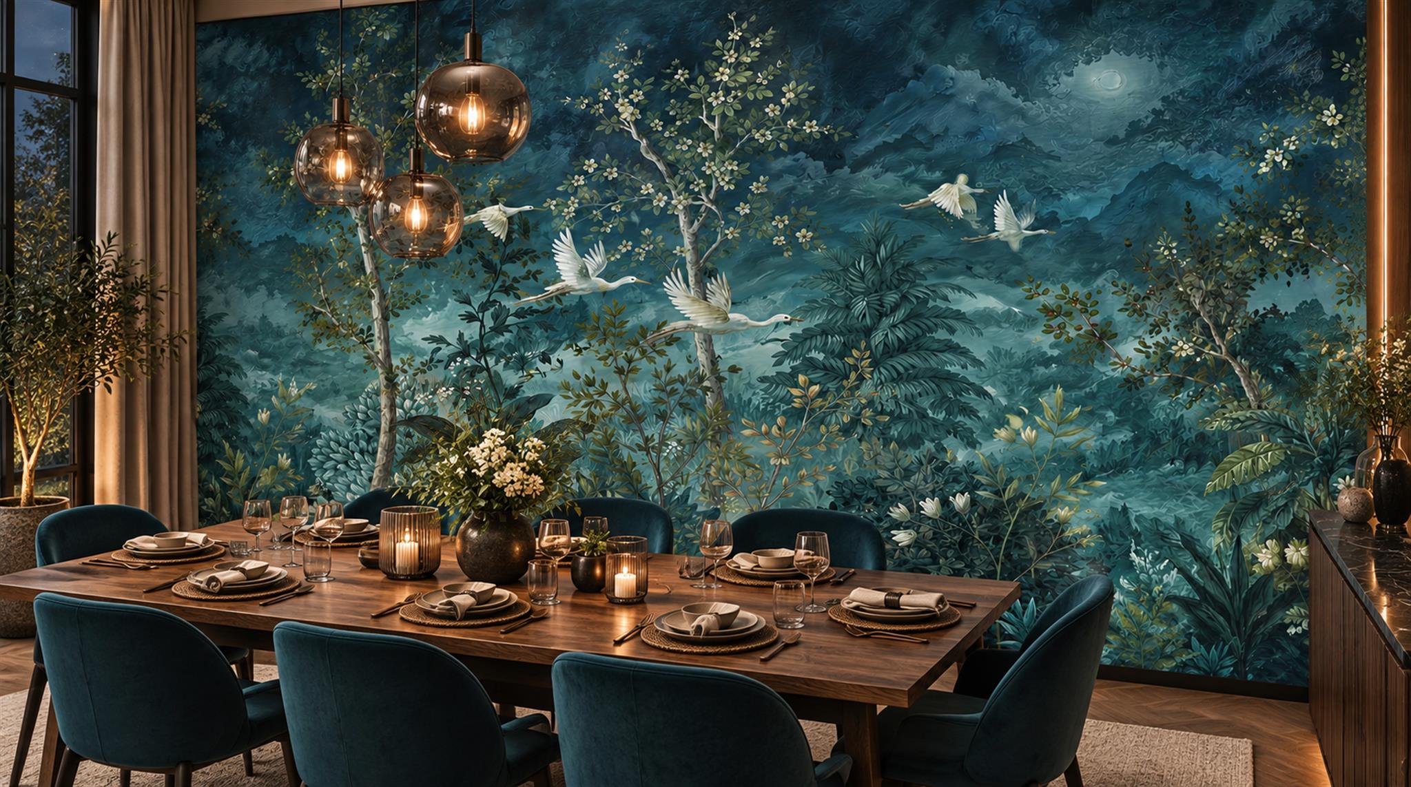 Navy Woodland Trees Wallpaper Mural Scene