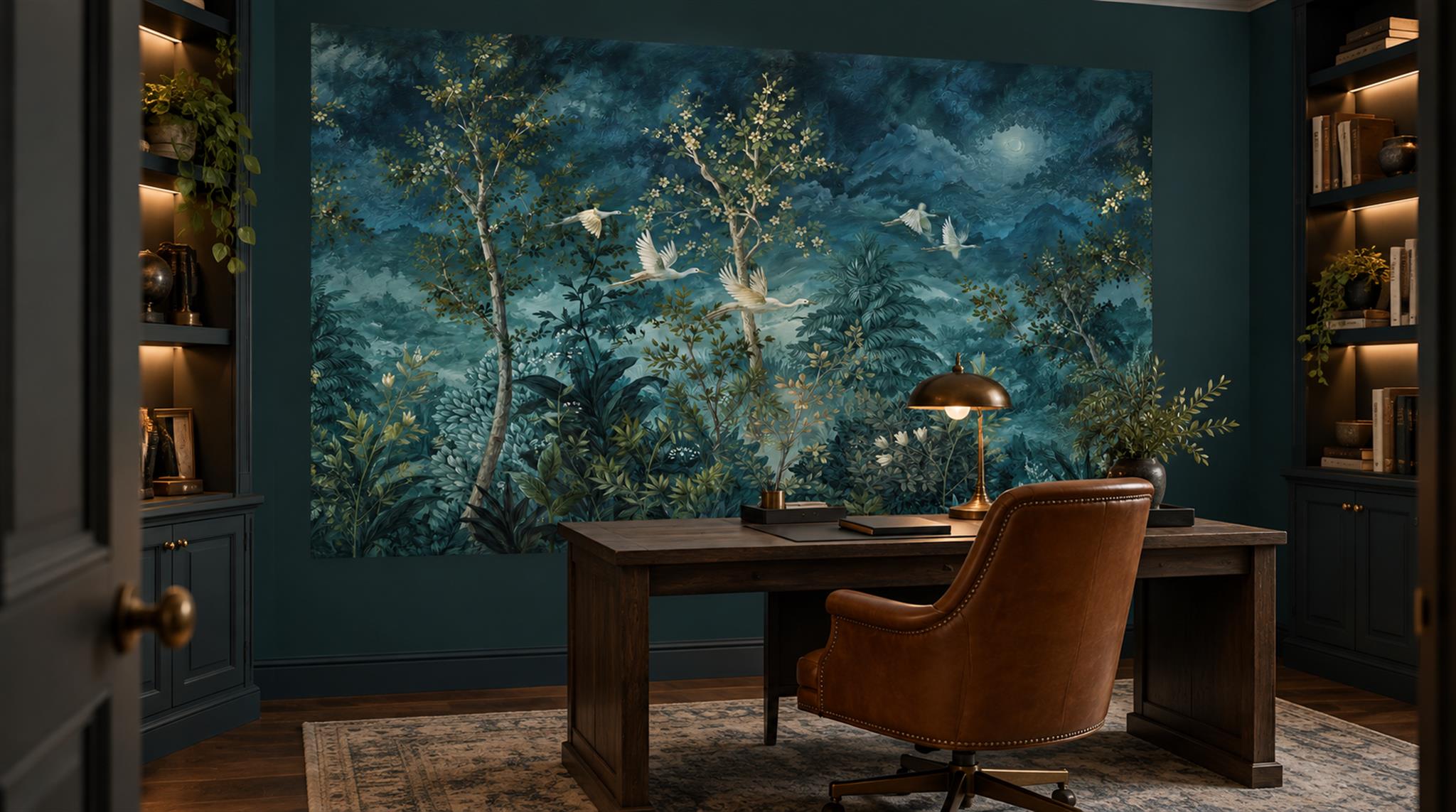 Navy Woodland Trees Wallpaper Mural Scene