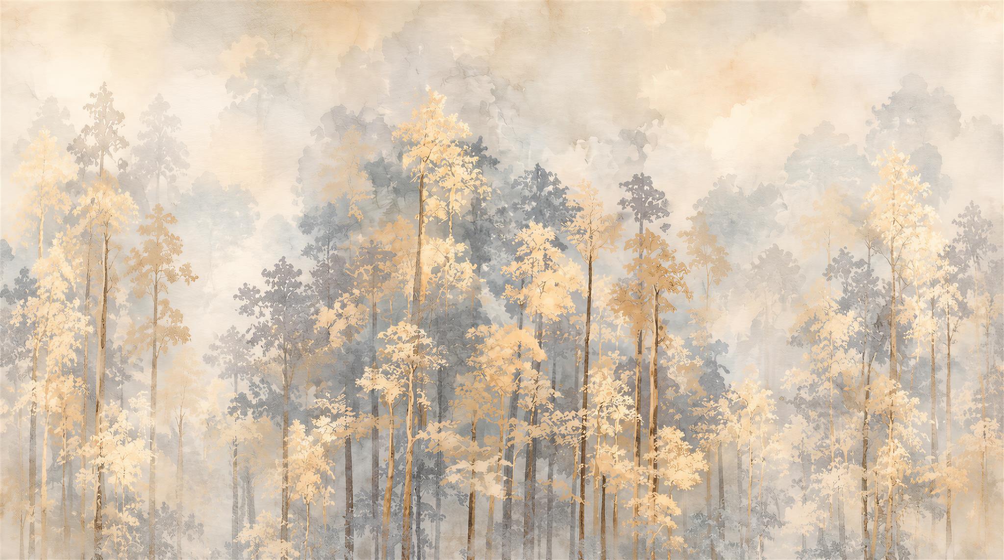 Gold Woodland Trees Wallpaper Mural Main