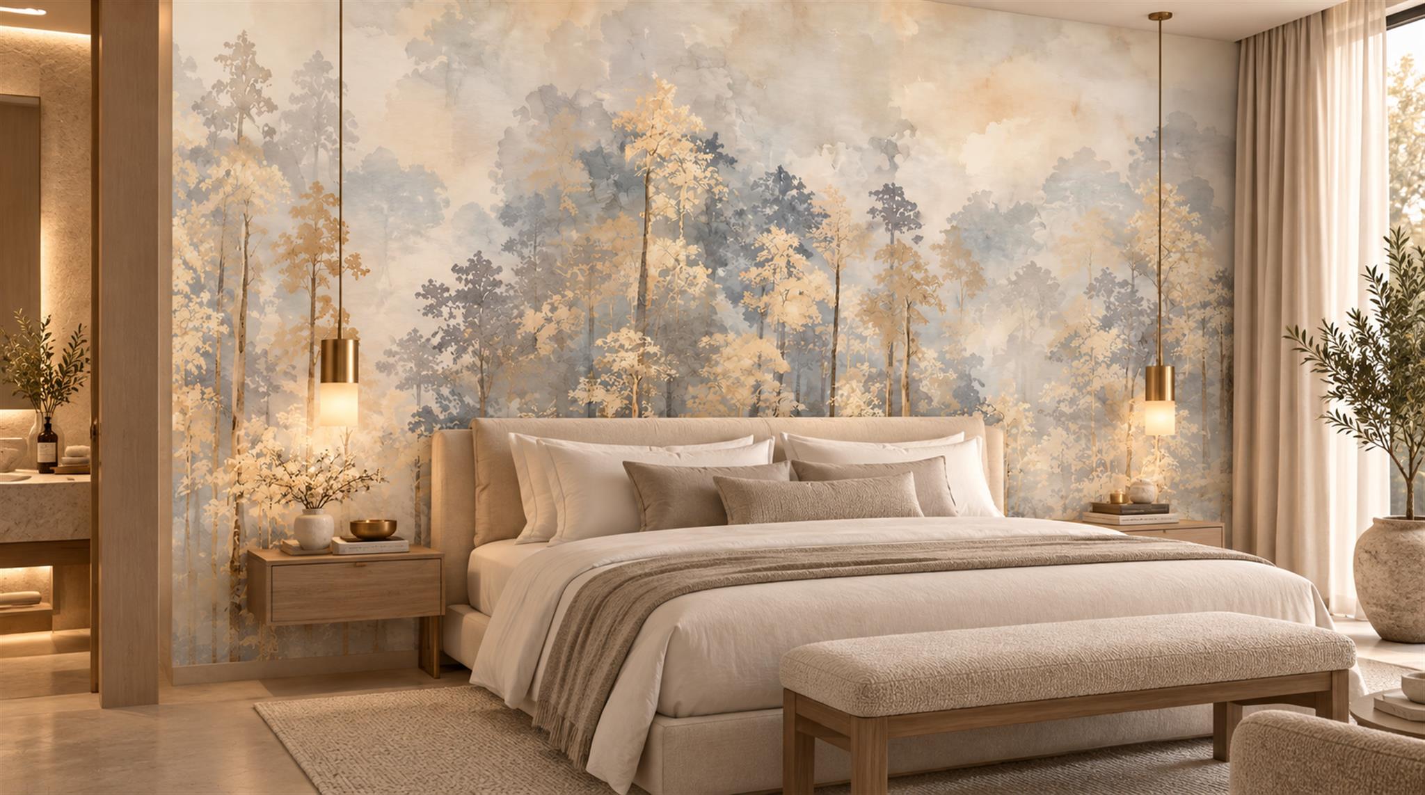 Gold Woodland Trees Wallpaper Mural Scene