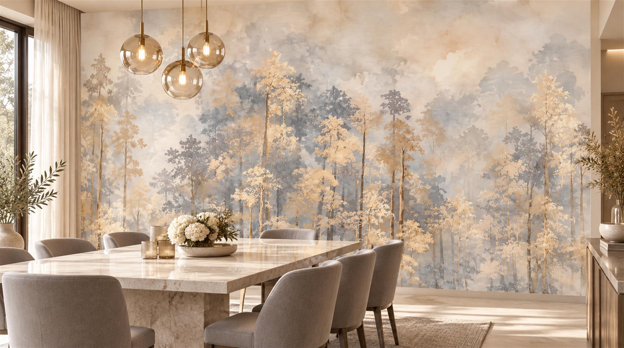 Gold Woodland Trees Wallpaper Mural Scene