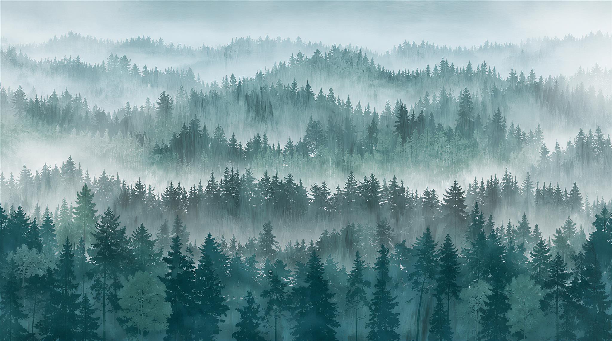 Teal Woodland Trees Wallpaper Mural Main