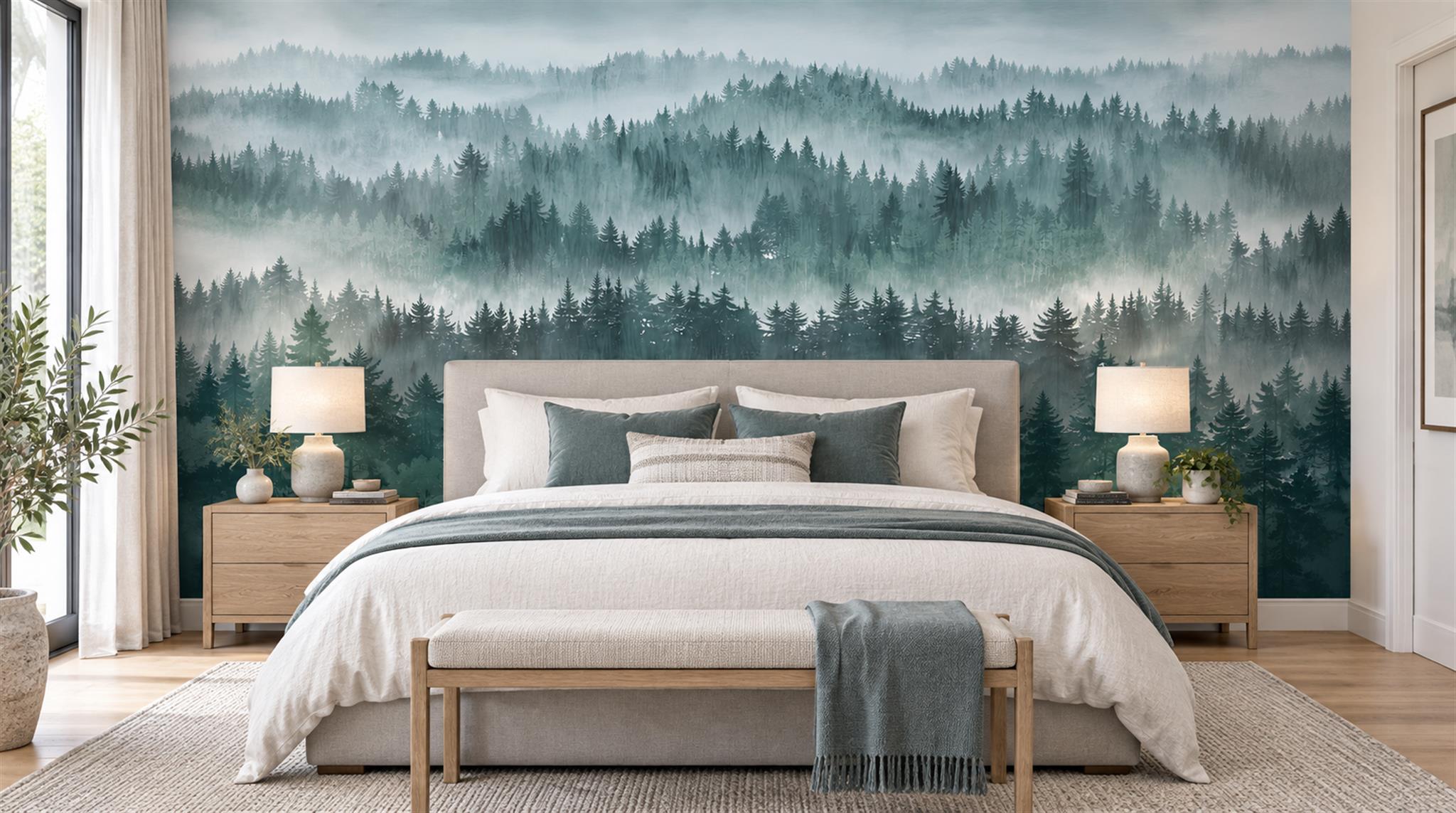 Teal Woodland Trees Wallpaper Mural Main