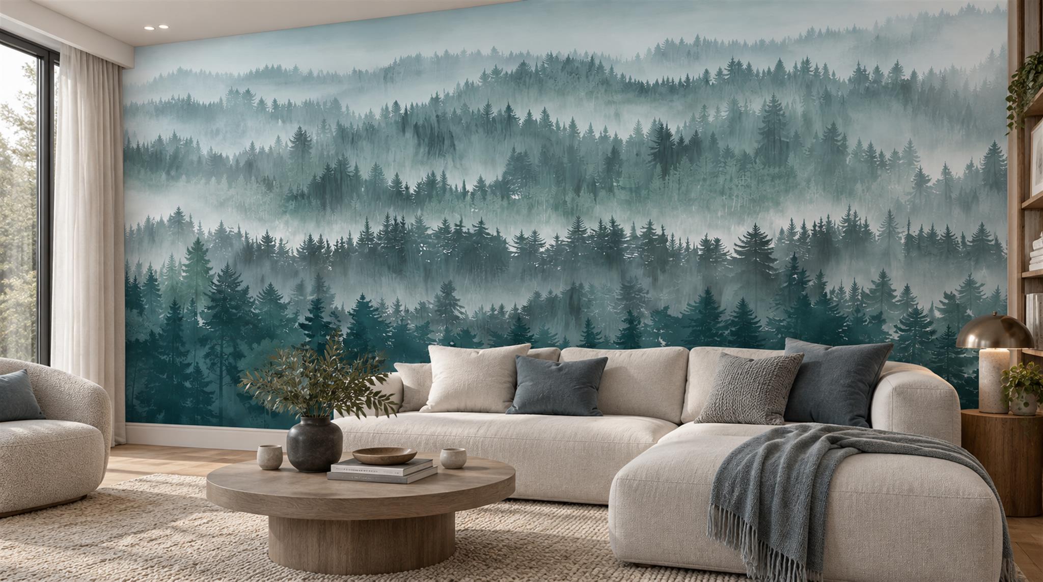 Teal Woodland Trees Wallpaper Mural Scene