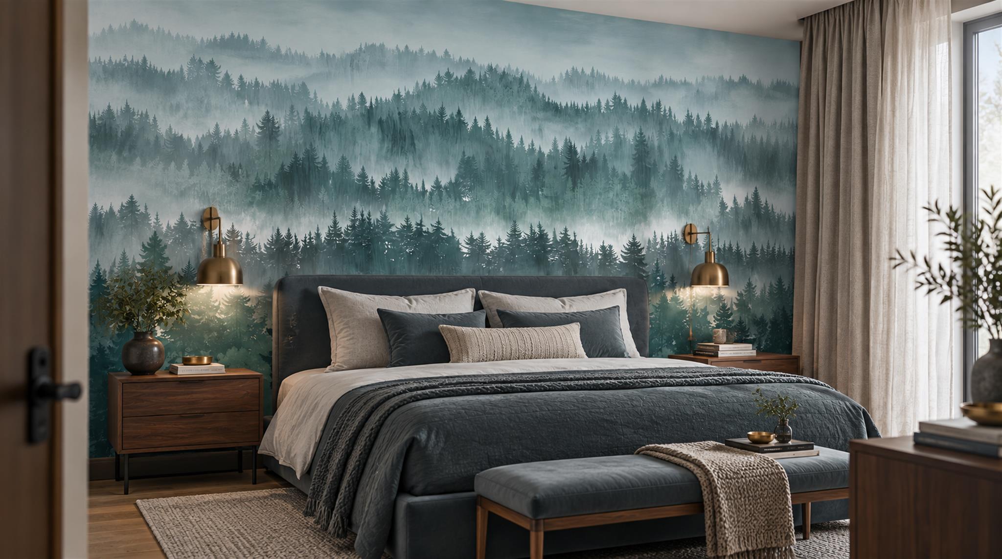 Teal Woodland Trees Wallpaper Mural Scene