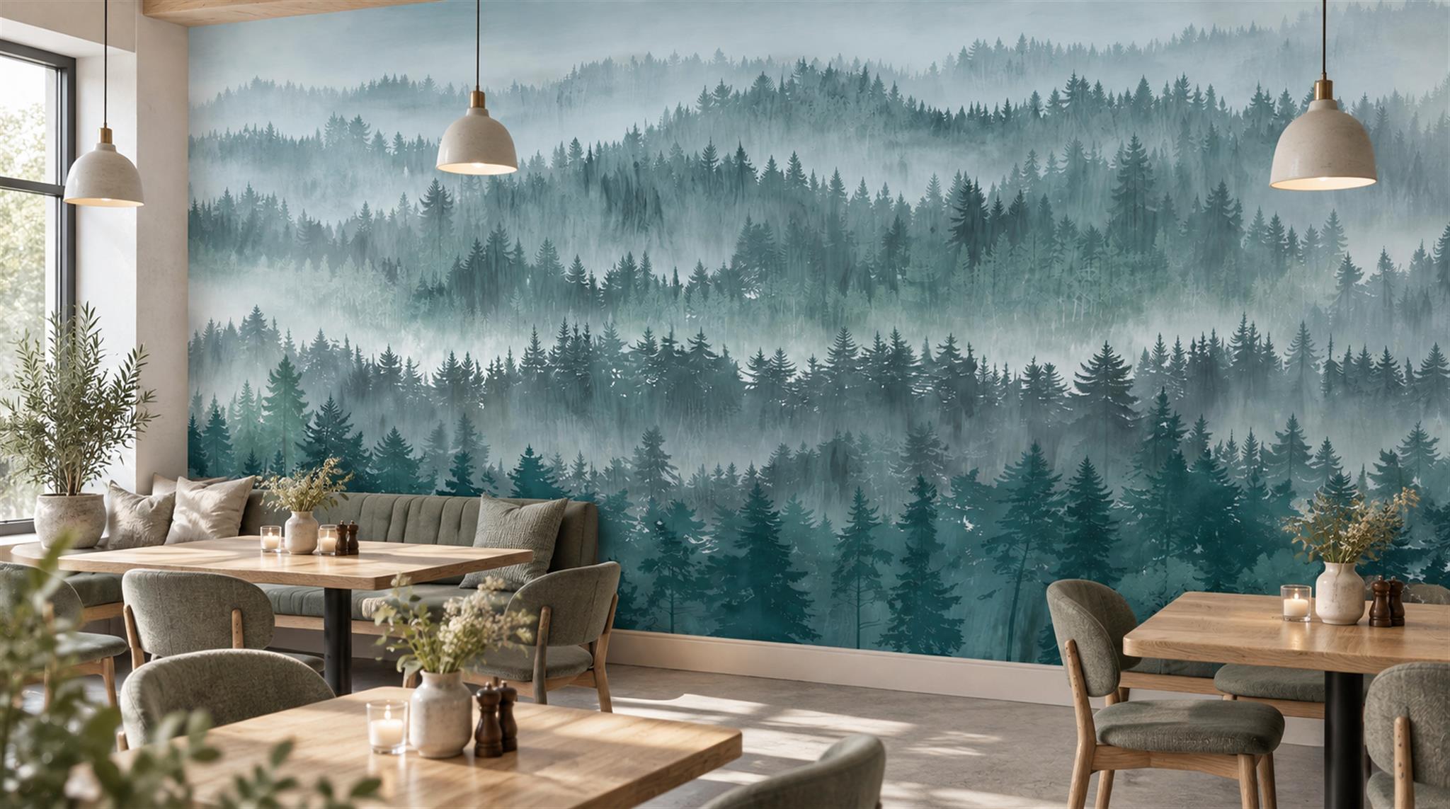 Teal Woodland Trees Wallpaper Mural Scene