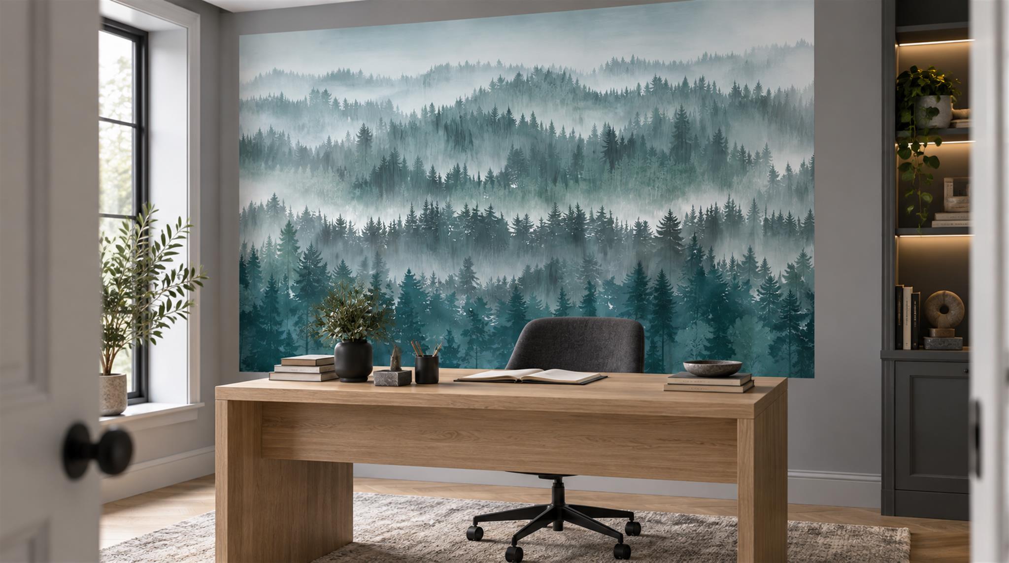 Teal Woodland Trees Wallpaper Mural Scene