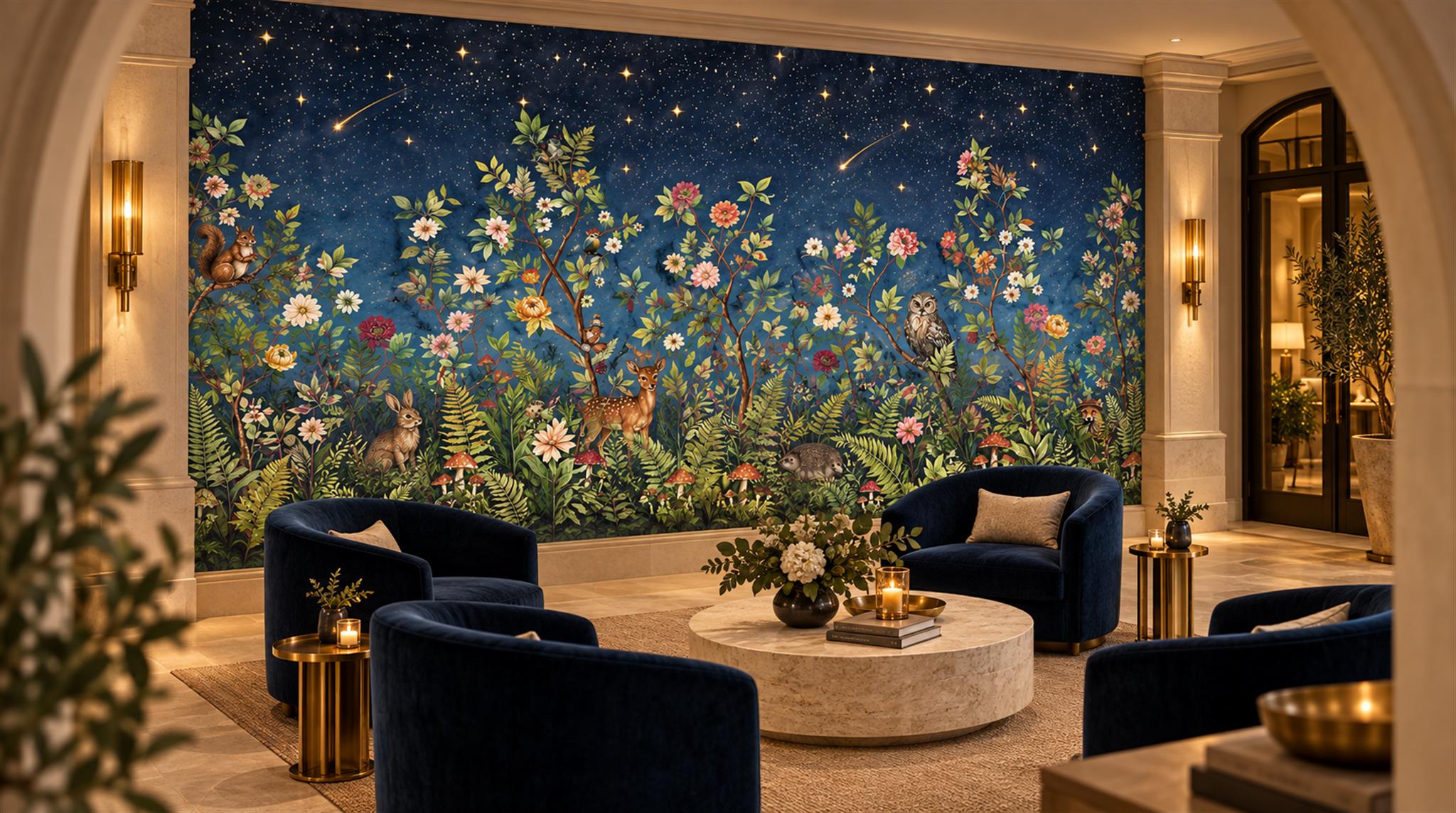 Navy Floral Patterning Wallpaper Mural Scene