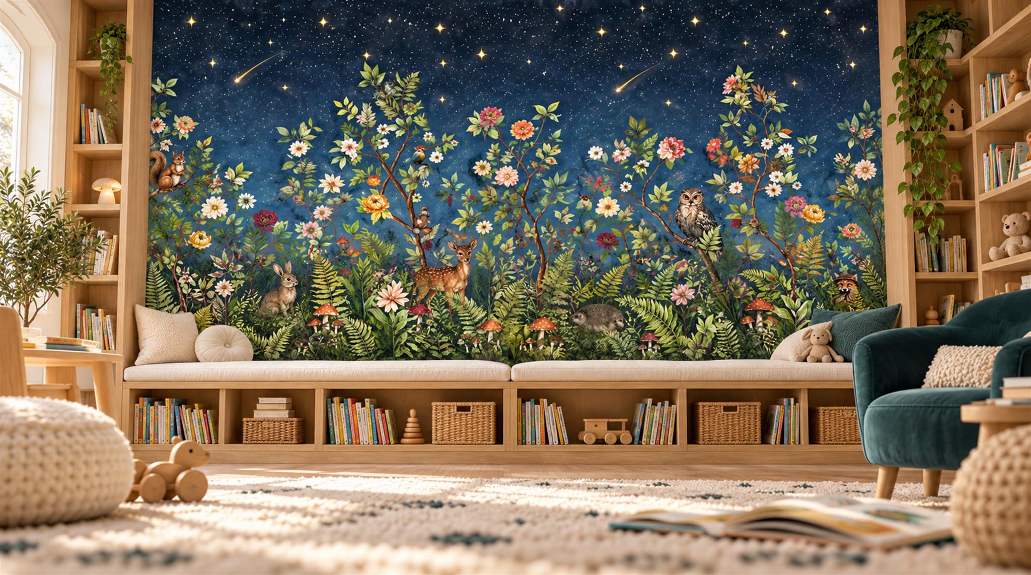 Navy Floral Patterning Wallpaper Mural Scene