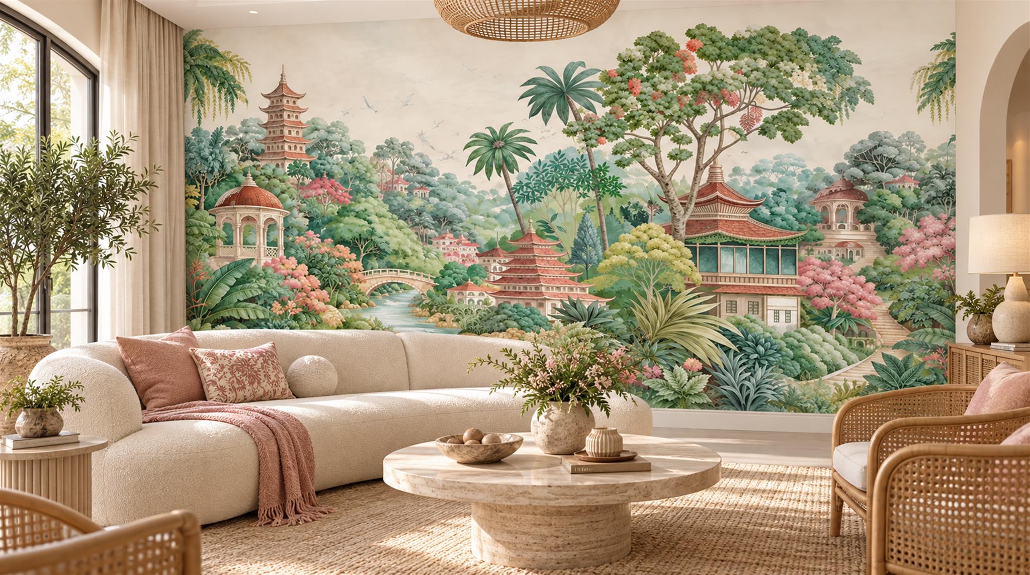 Neutral Tropical Foliage Wallpaper Mural Scene