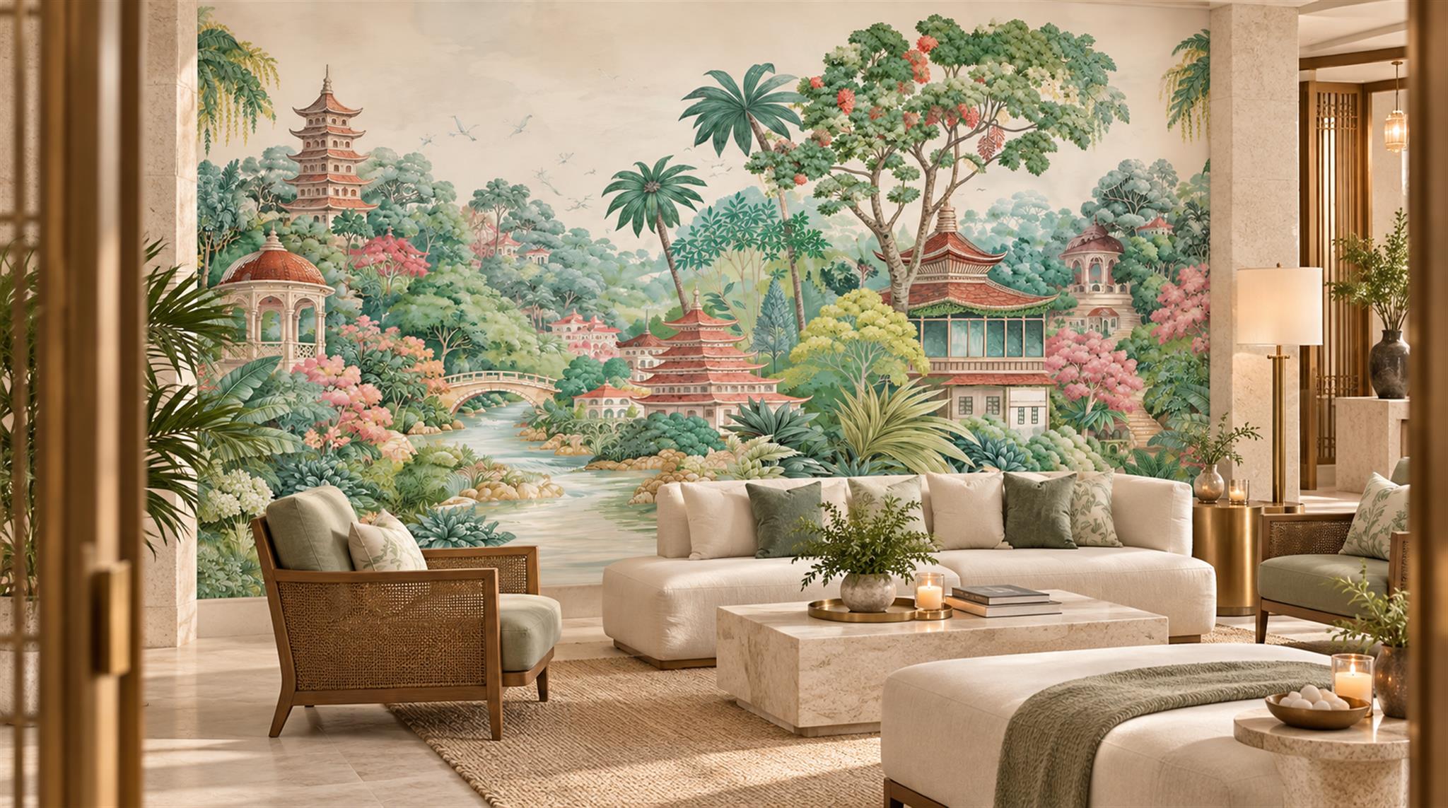 Neutral Tropical Foliage Wallpaper Mural Scene