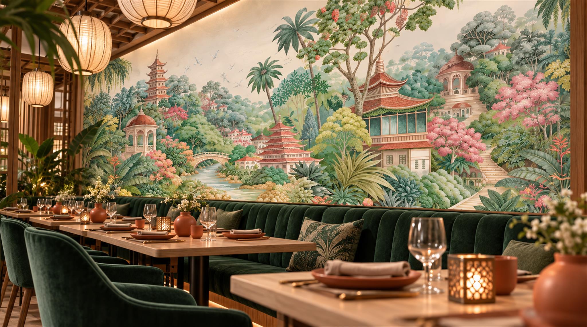 Neutral Tropical Foliage Wallpaper Mural Scene