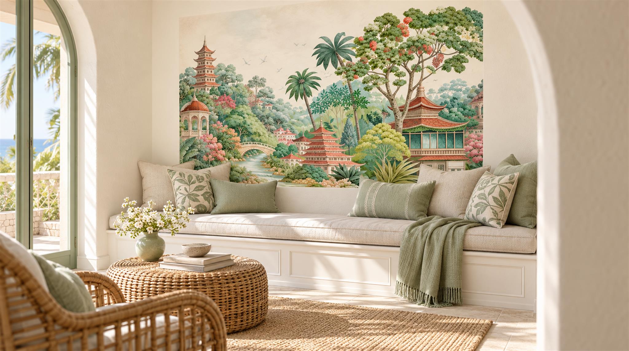 Neutral Tropical Foliage Wallpaper Mural Scene