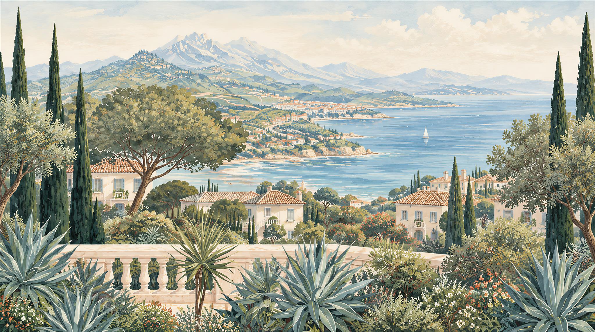Blue Coastal Landscape Wallpaper Mural Main