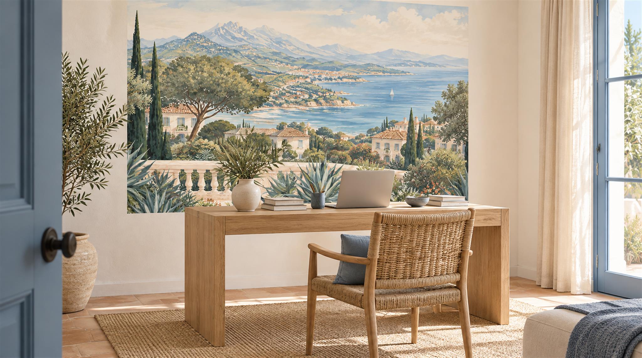 Blue Coastal Landscape Wallpaper Mural Scene