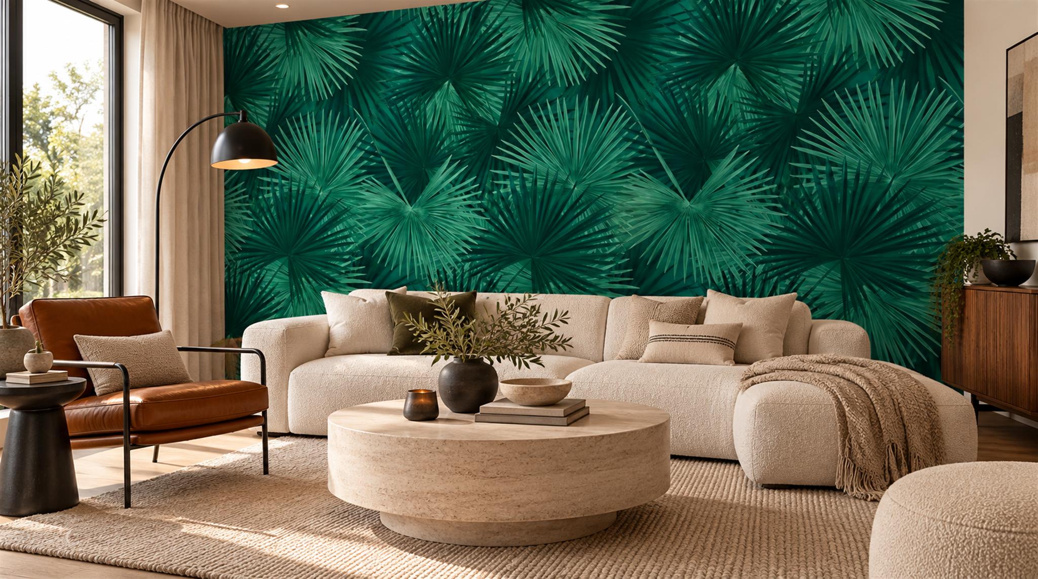 Teal Palm Leaves Wallpaper Mural Scene