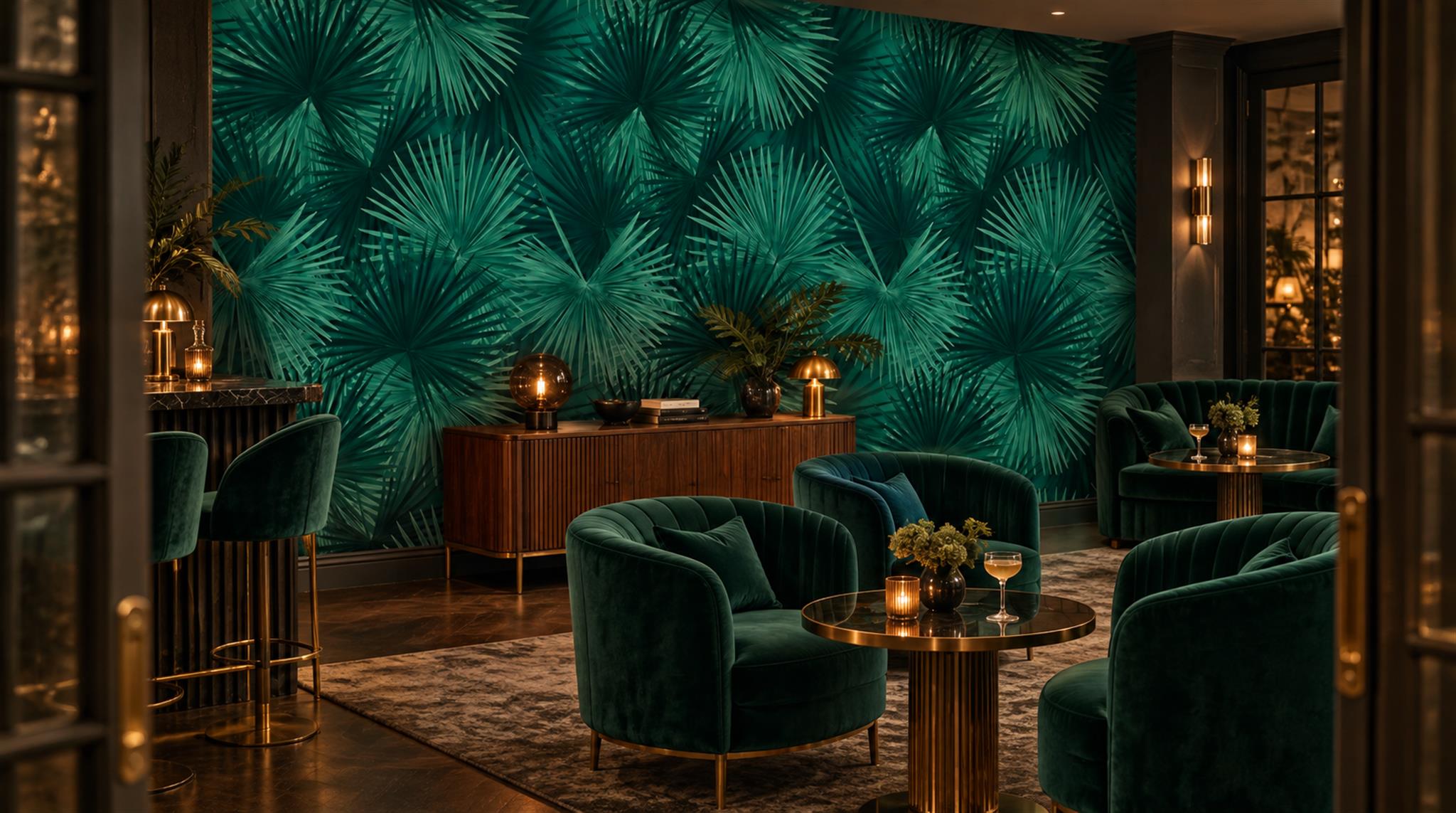 Teal Palm Leaves Wallpaper Mural Scene
