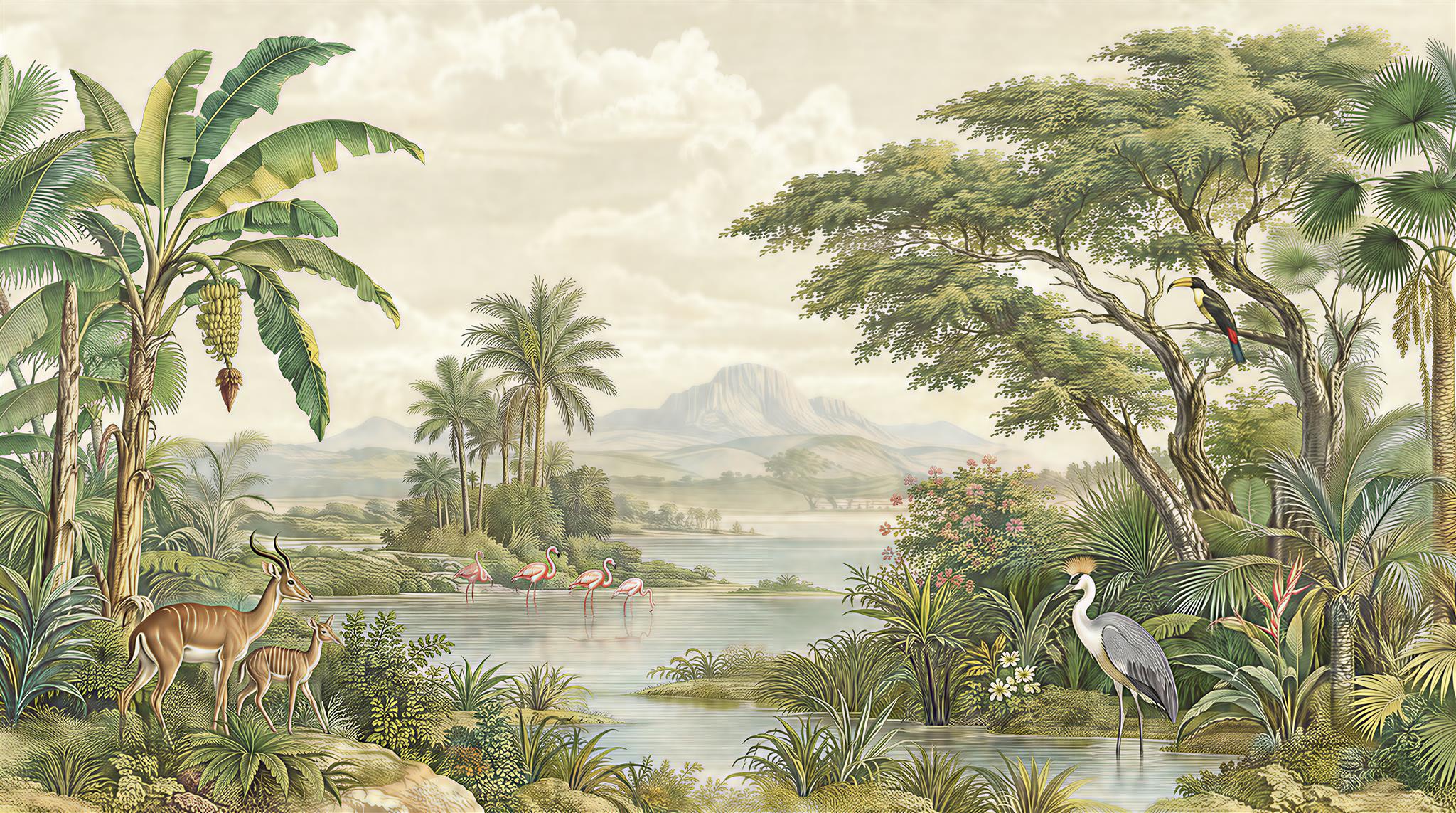Sage Green Tropical Foliage Wallpaper Mural Scene