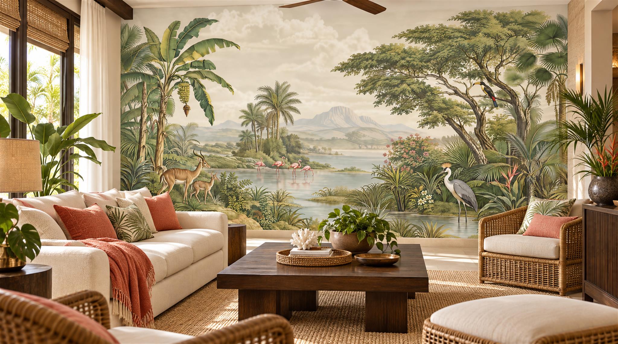 Sage Green Tropical Foliage Wallpaper Mural Scene