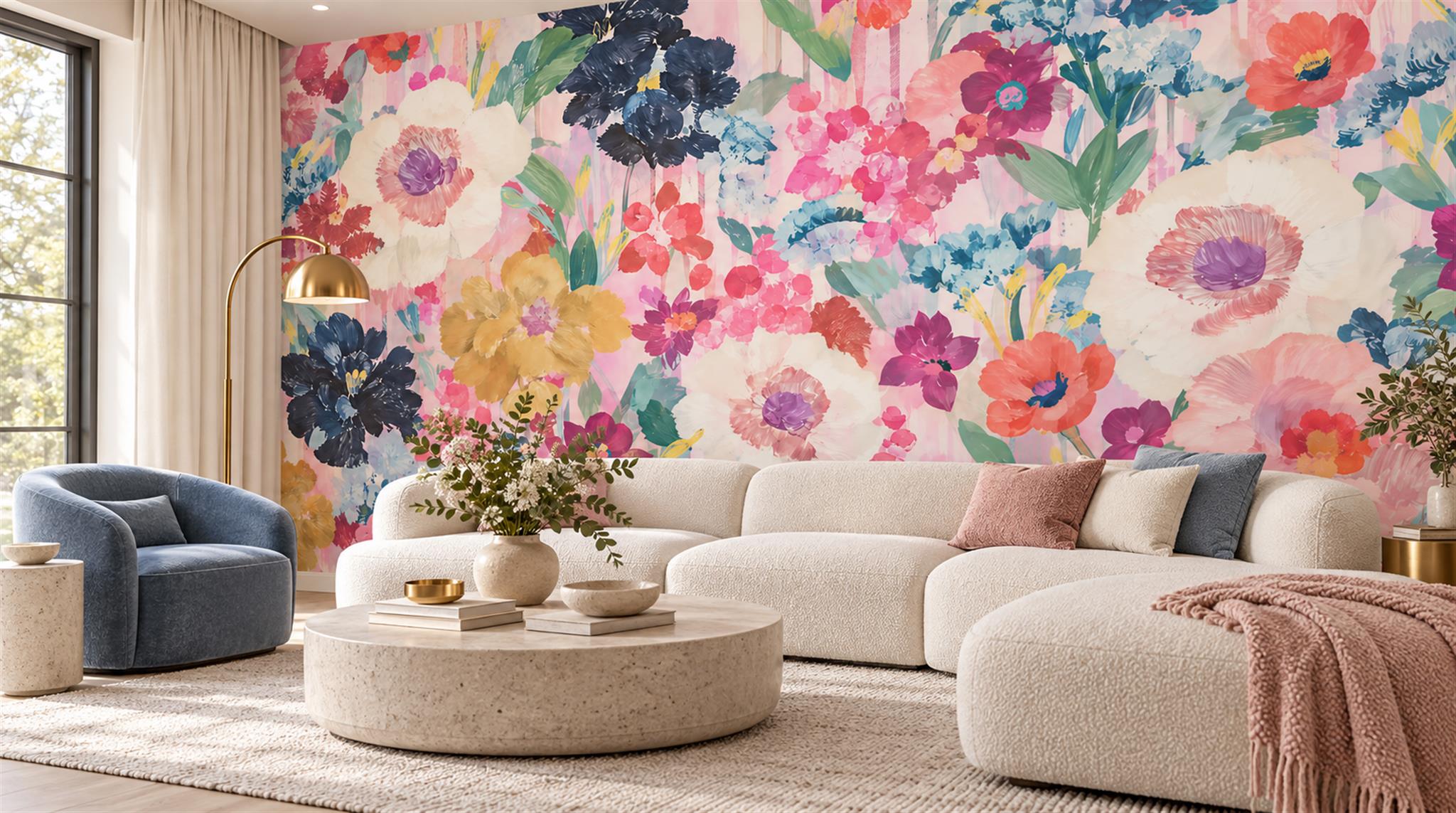 Soft Pastel Floral Foliage Wallpaper Mural Scene