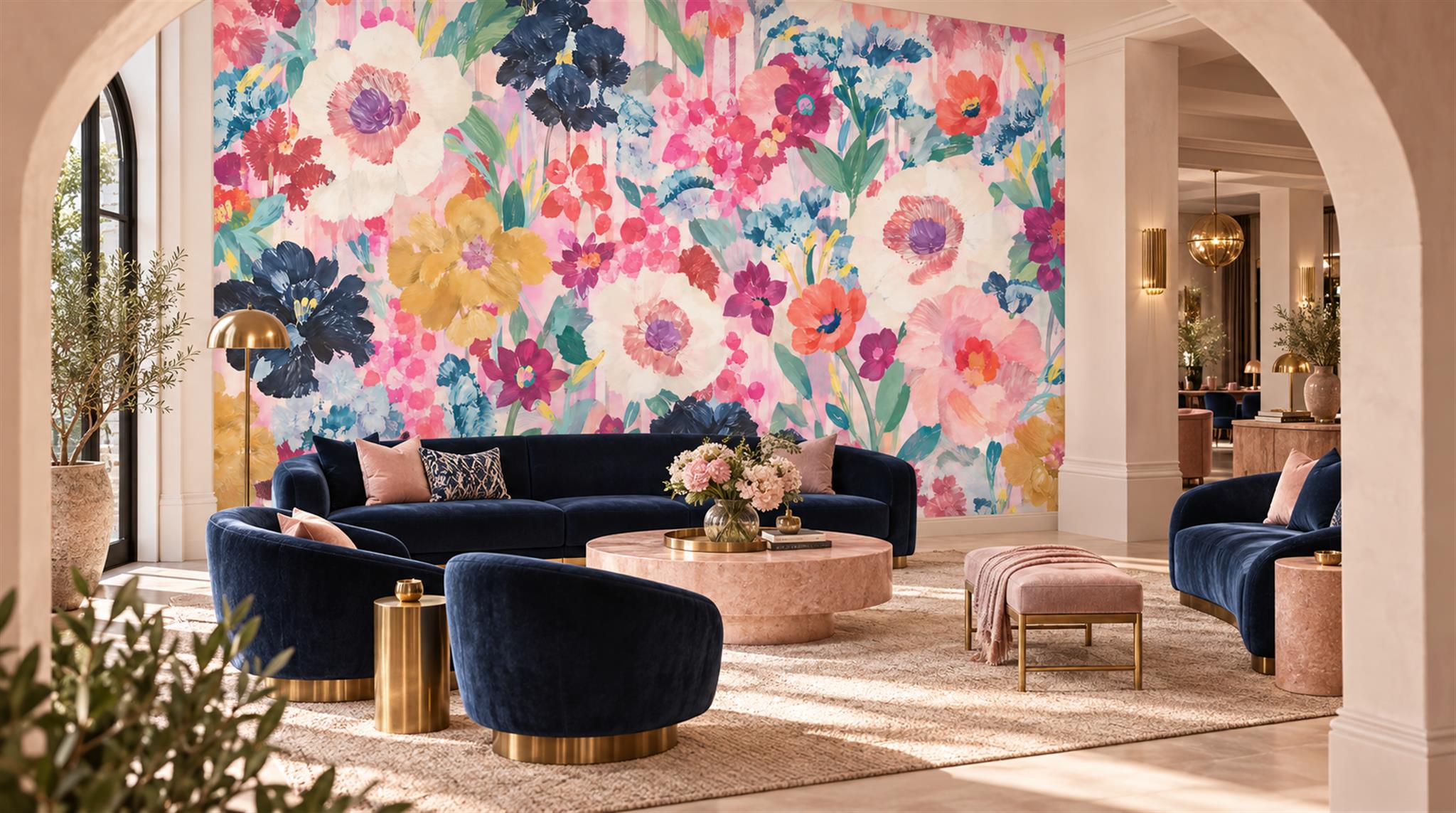 Soft Pastel Floral Foliage Wallpaper Mural Scene