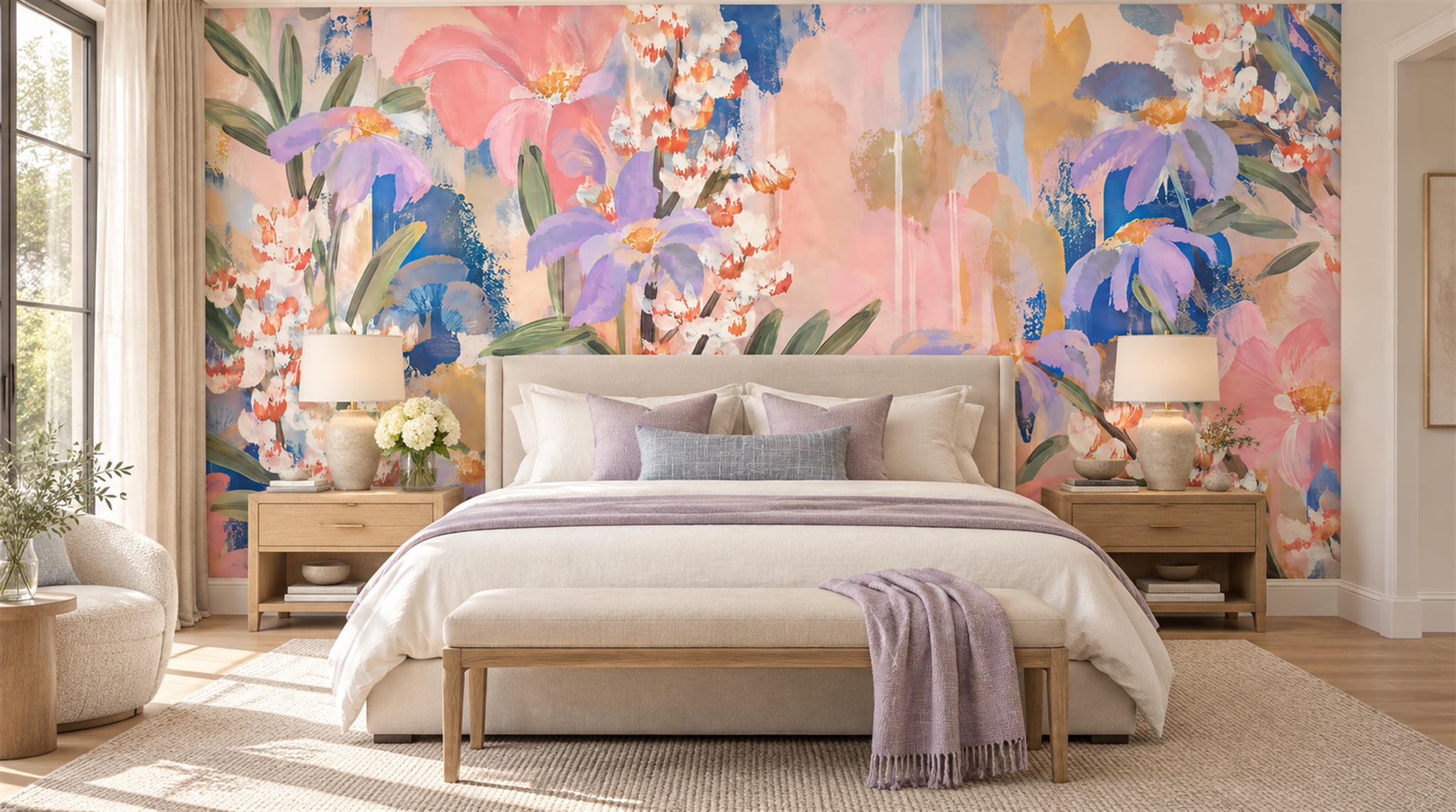 Soft Pastel Floral Foliage Wallpaper Mural Main