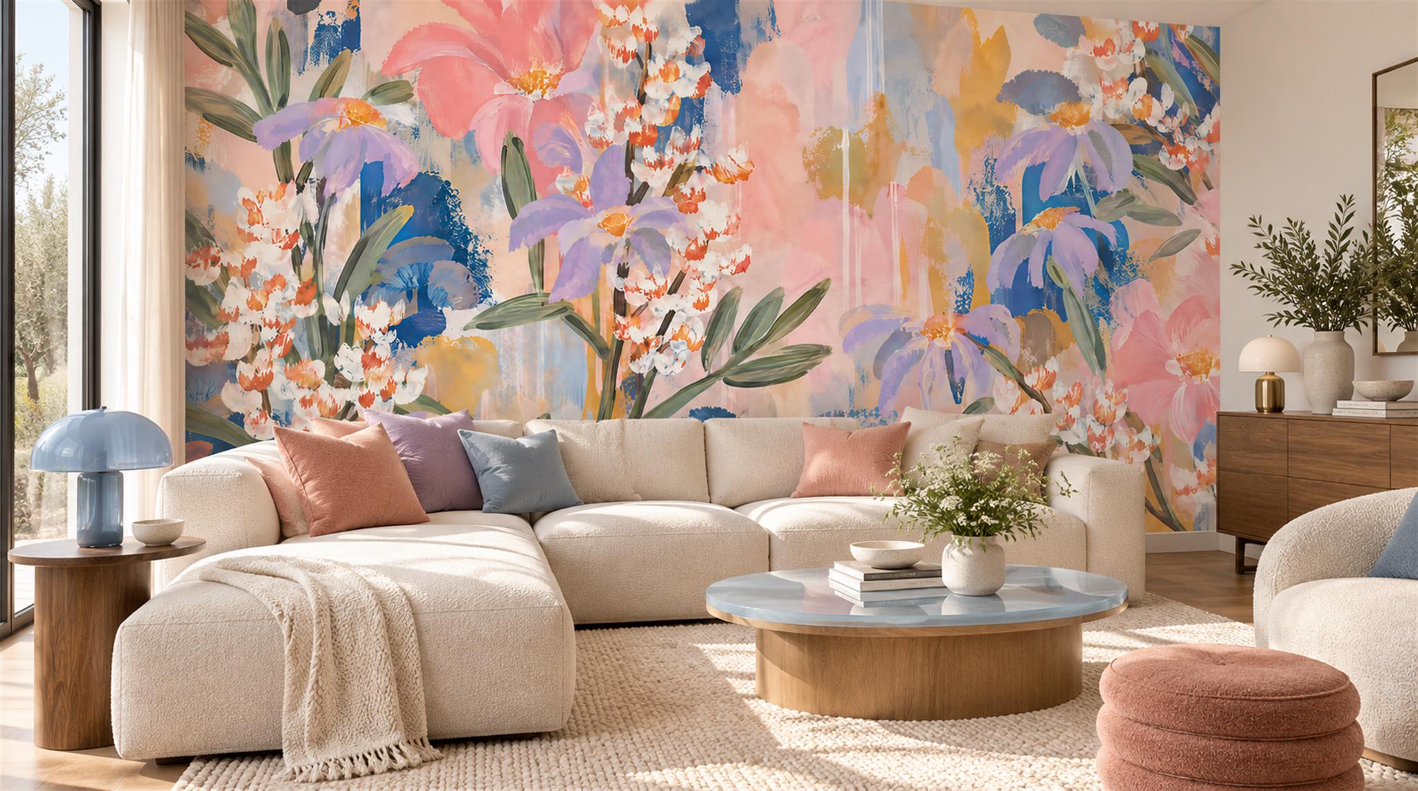 Soft Pastel Floral Foliage Wallpaper Mural Scene