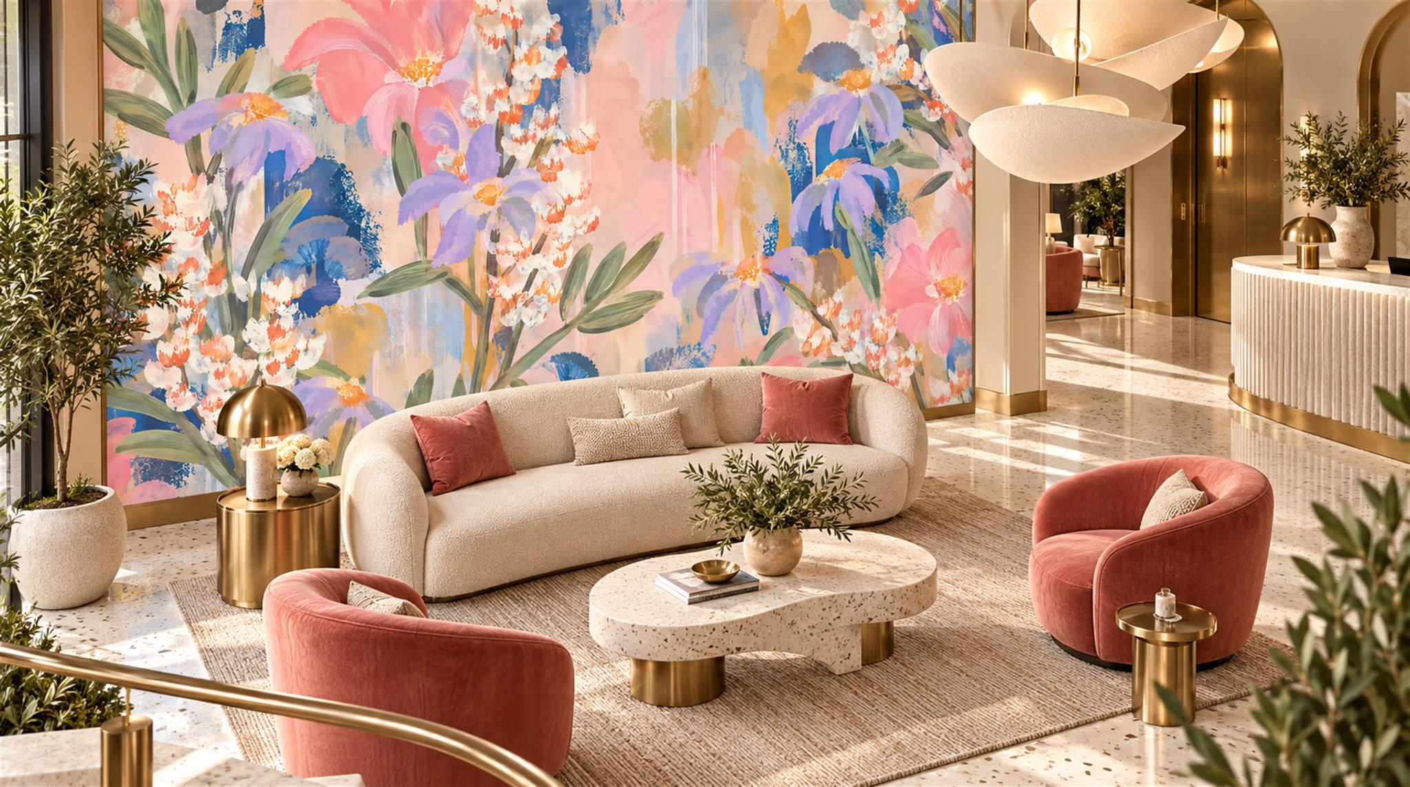 Soft Pastel Floral Foliage Wallpaper Mural Scene