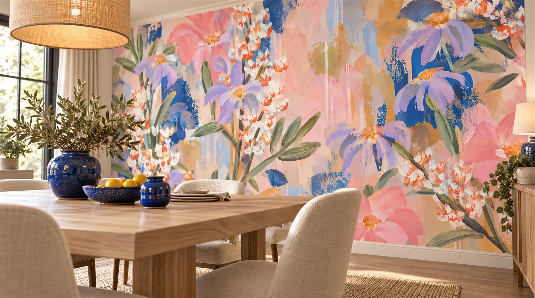 Soft Pastel Floral Foliage Wallpaper Mural Scene