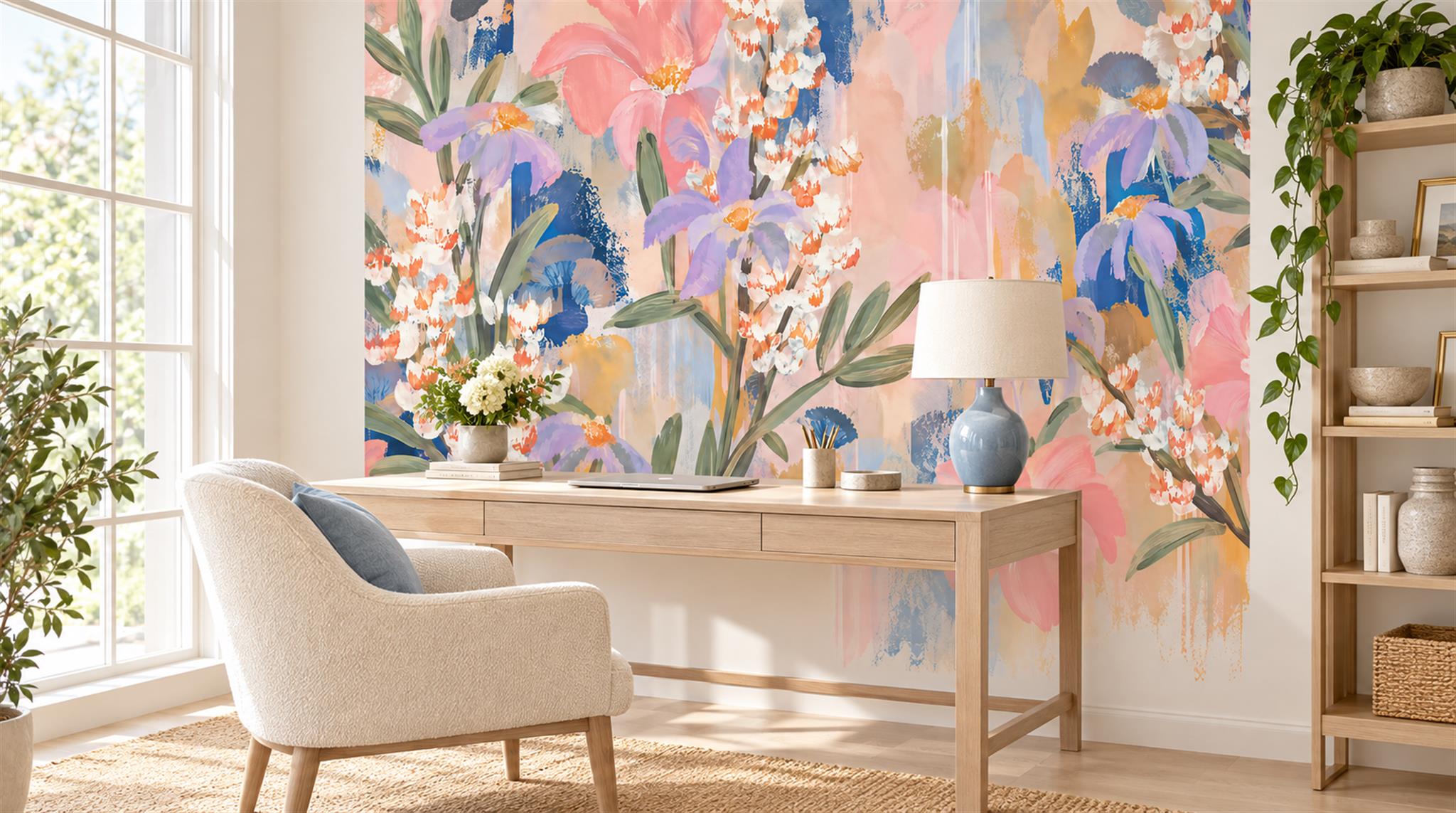 Soft Pastel Floral Foliage Wallpaper Mural Scene