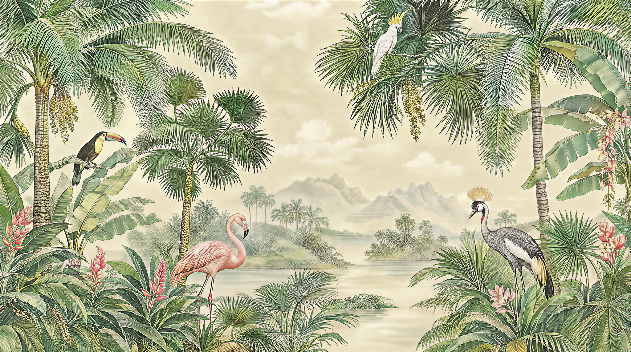 Sage Green Tropical Foliage Wallpaper Mural Main