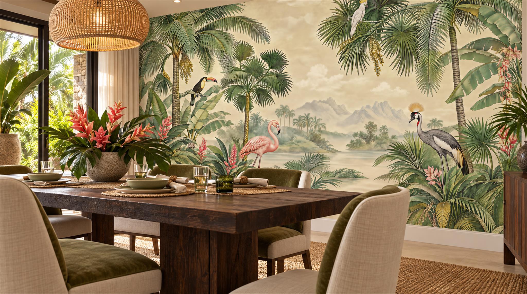 Sage Green Tropical Foliage Wallpaper Mural Scene