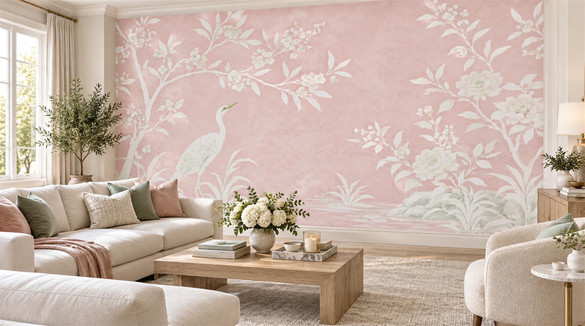 Pink Leaf Patterning Wallpaper Mural Scene