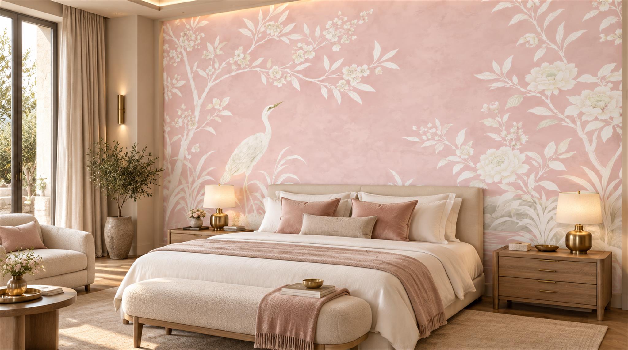 Pink Leaf Patterning Wallpaper Mural Scene