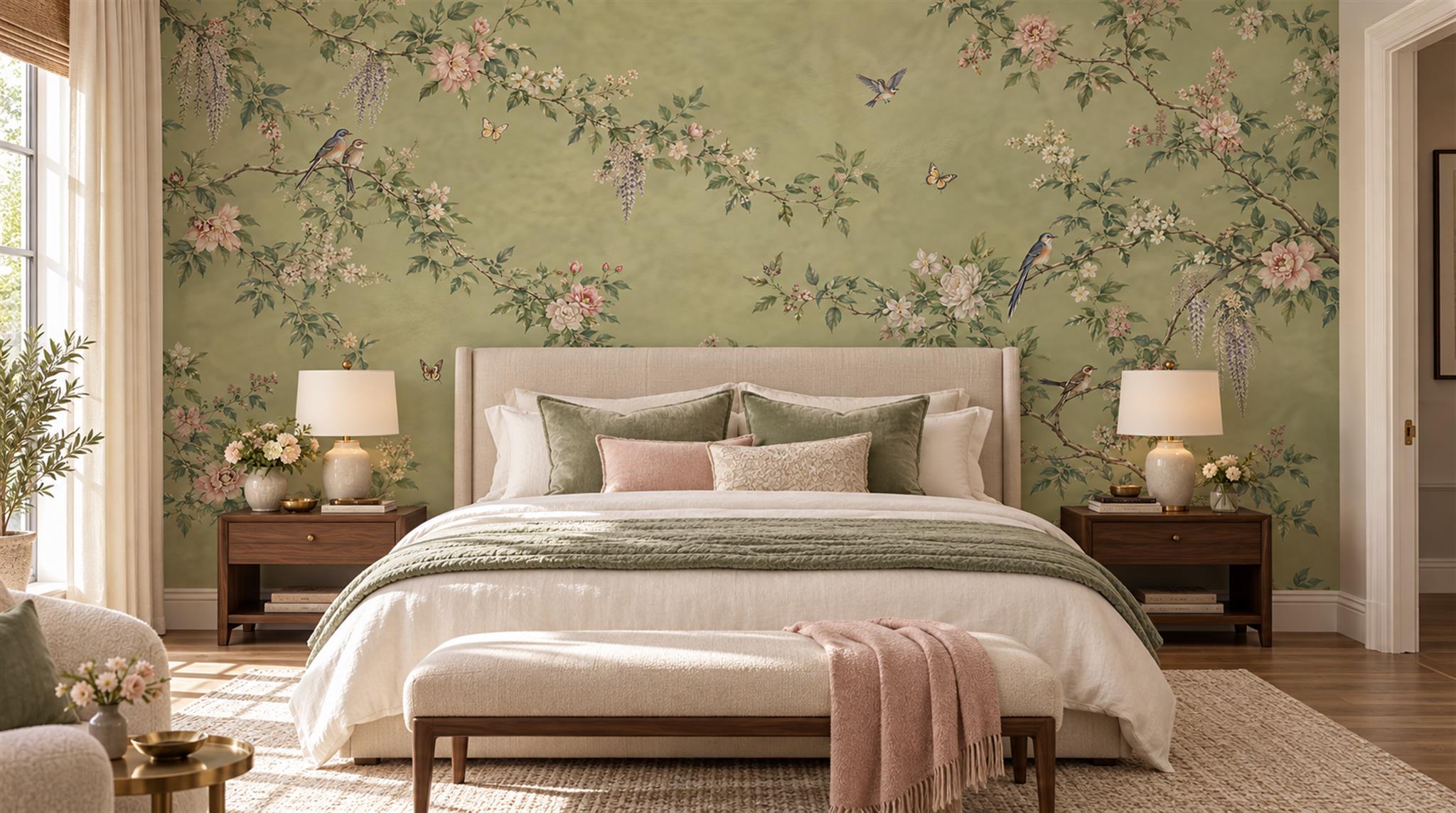 Sage Green Floral Foliage Wallpaper Mural