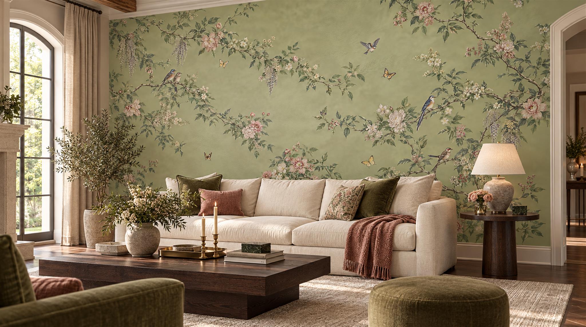 Sage Green Floral Foliage Wallpaper Mural Scene