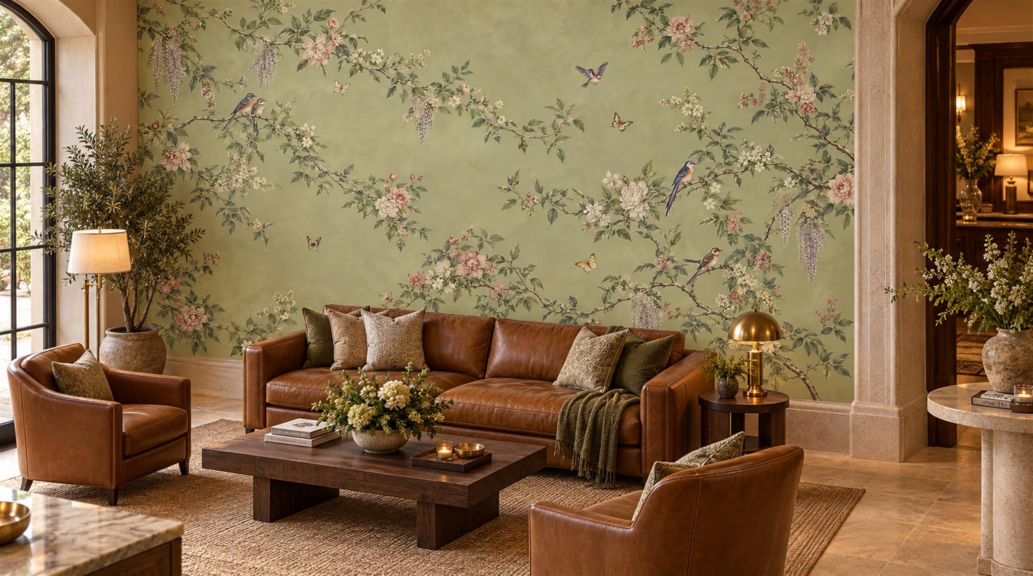 Sage Green Floral Foliage Wallpaper Mural Scene
