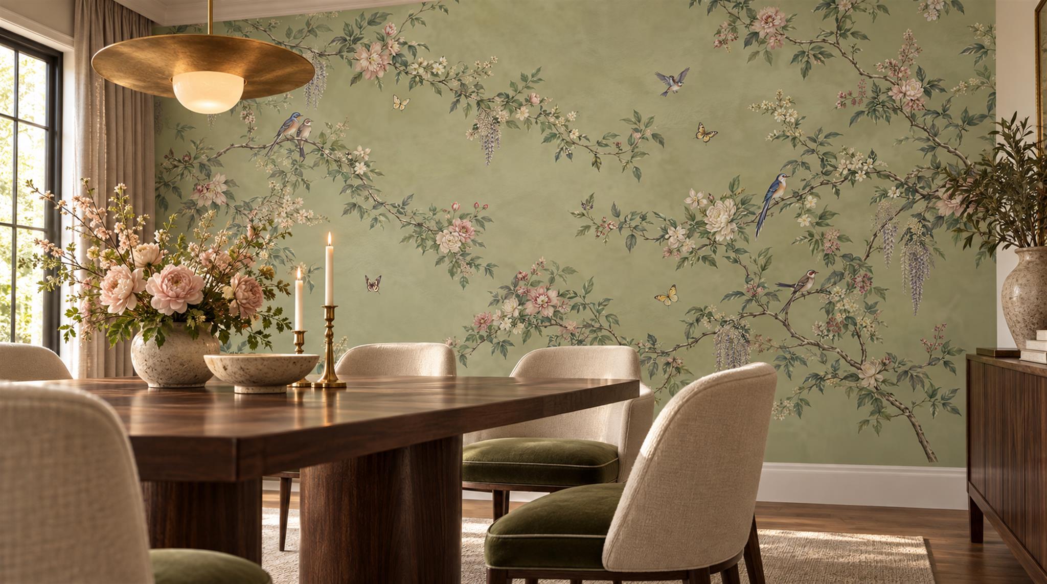 Sage Green Floral Foliage Wallpaper Mural Scene