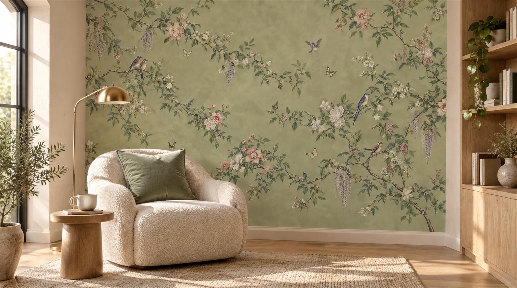 Sage Green Floral Foliage Wallpaper Mural Scene