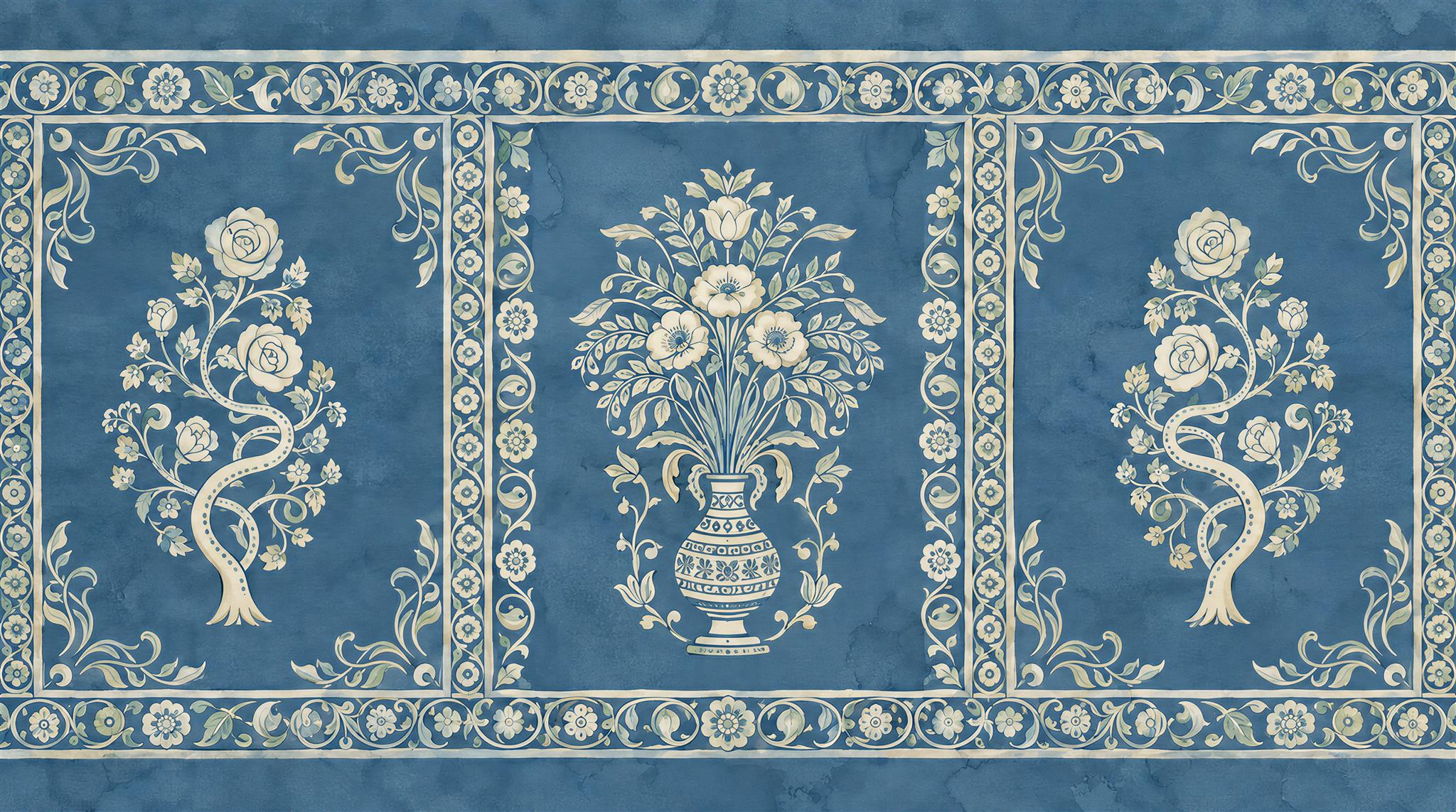 Blue Damask Patterning Wallpaper Mural Main