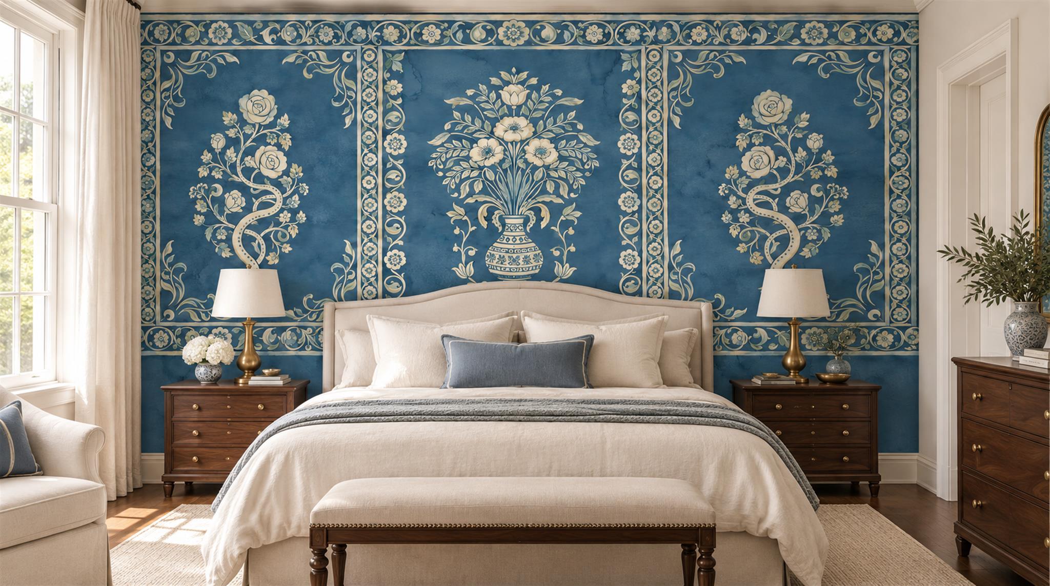 Blue Damask Patterning Wallpaper Mural Main