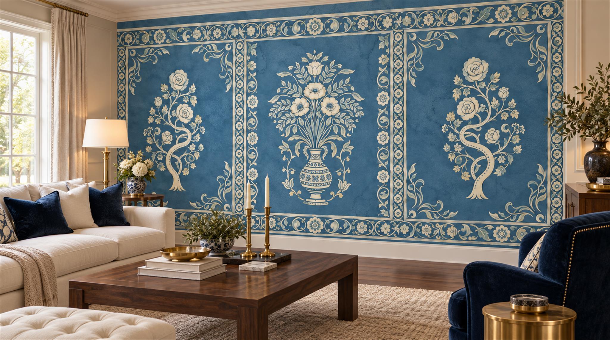 Blue Damask Patterning Wallpaper Mural Scene