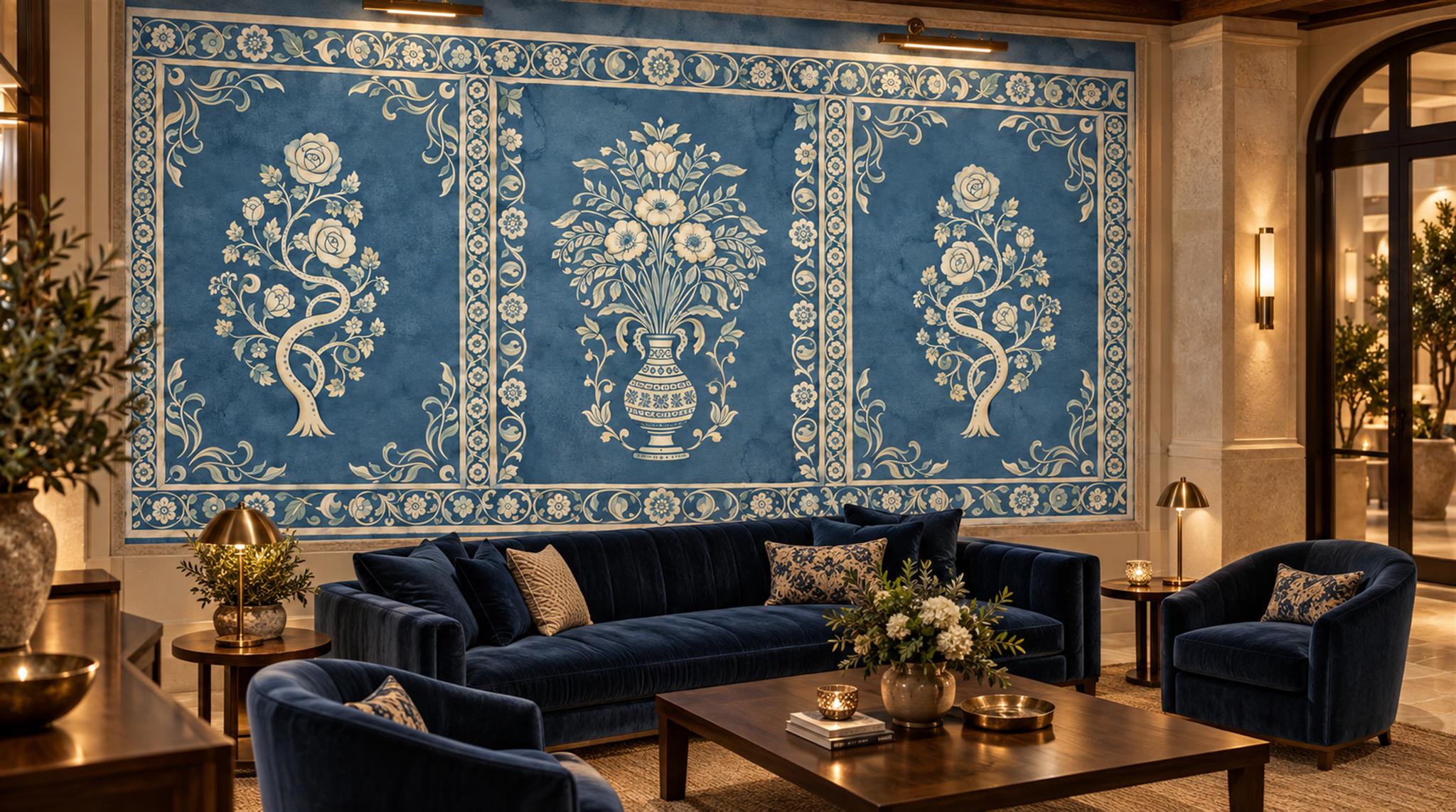 Blue Damask Patterning Wallpaper Mural Scene